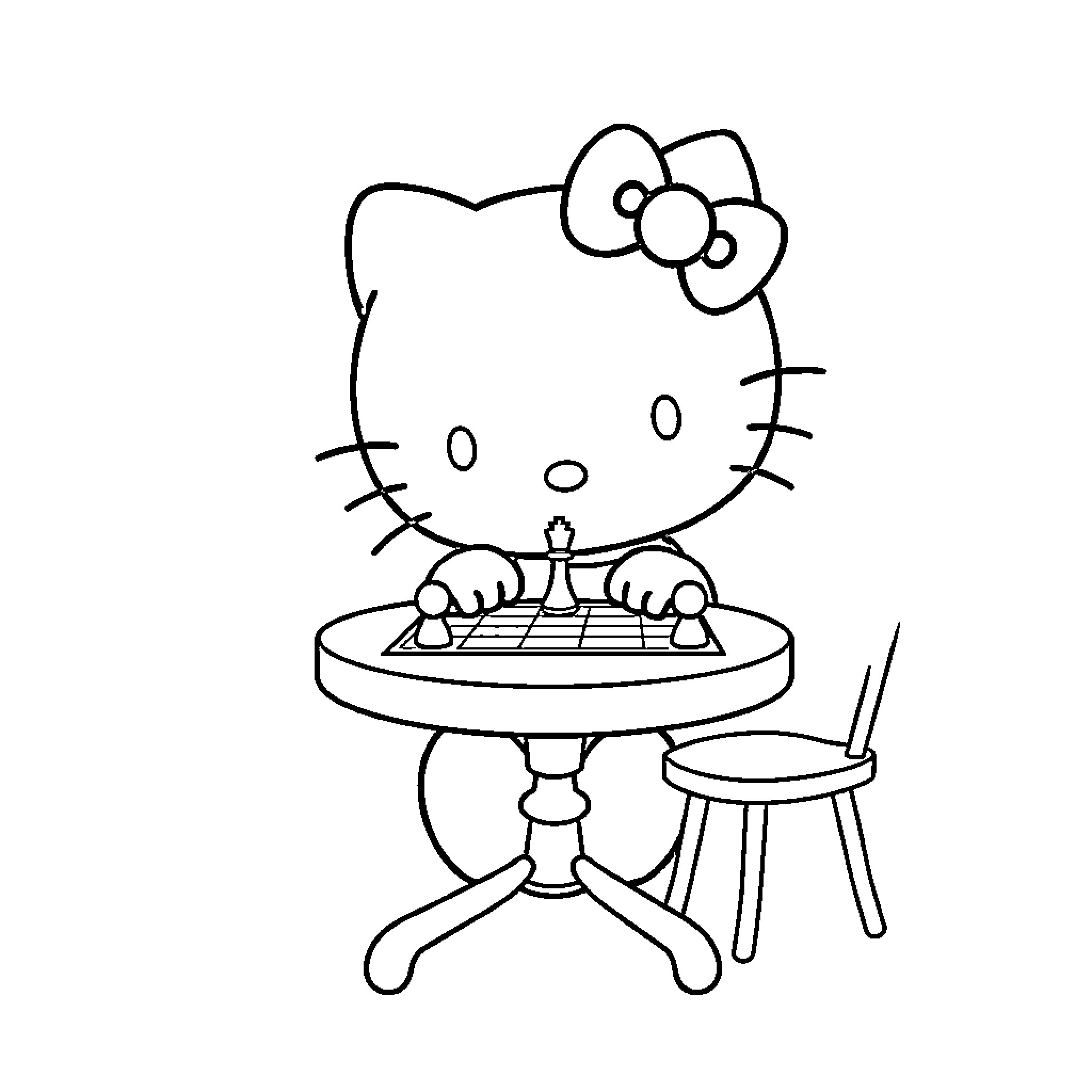 Hello Kitty playing chess at the table Coloring Page (free black-and-white line drawing printable PDF for all, from beginners to advanced learners, including children, teens, adults, and seniors)
