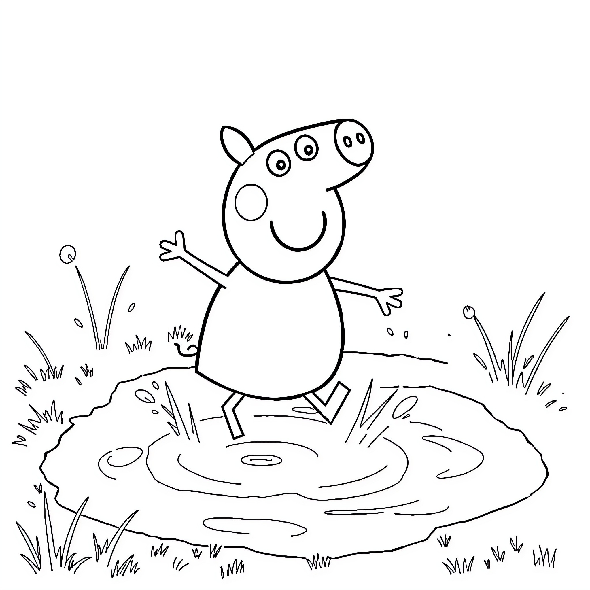 Peppa Pig splashing in muddy puddle Coloring Page (free black-and-white line drawing printable PDF for all, from beginners to advanced learners, including children, teens, adults, and seniors)