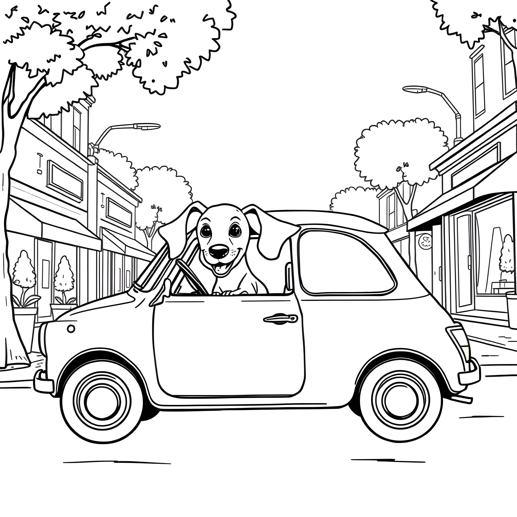 Dachshund joyfully riding in a vintage car Coloring Page (free black-and-white line drawing printable PDF for all, from beginners to advanced learners, including children, teens, adults, and seniors)