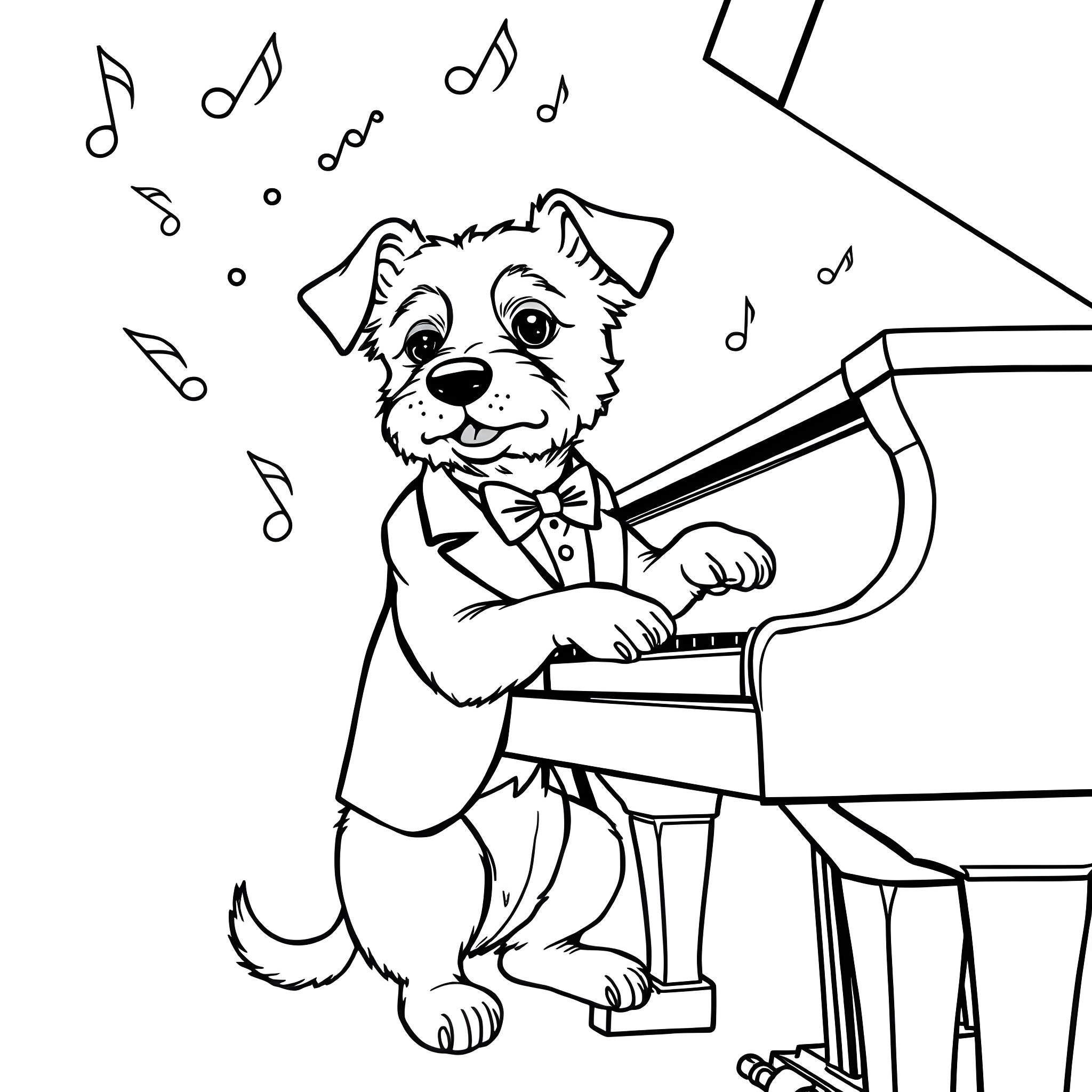 Dog playing piano with musical notes Coloring Page (free black-and-white line drawing printable PDF for all, from beginners to advanced learners, including children, teens, adults, and seniors)