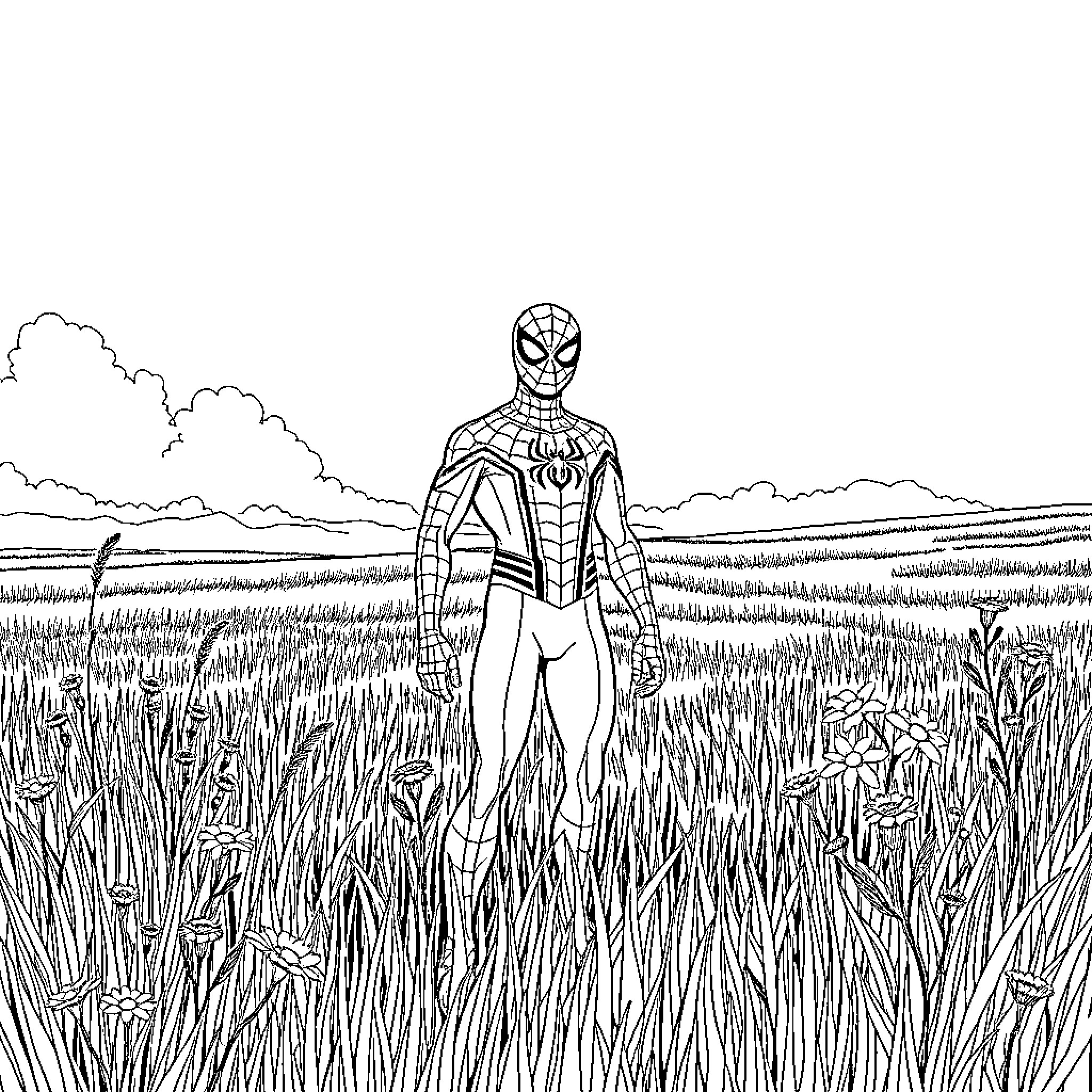 Spiderman exploring a grassy field in nature Coloring Page (free black-and-white line drawing printable PDF for all, from beginners to advanced learners, including children, teens, adults, and seniors)