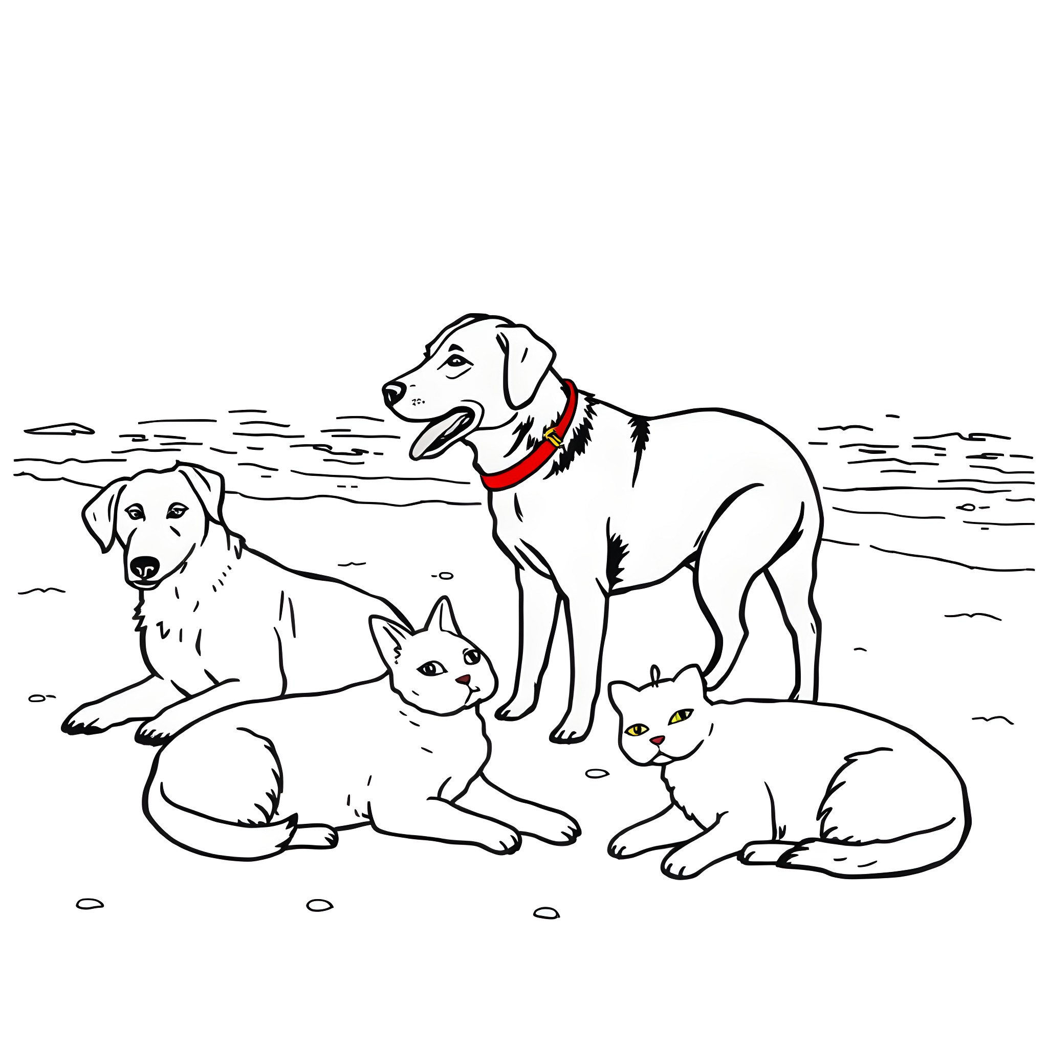 Dog and Cat Playing Together in Nature Coloring Page (free black-and-white line drawing printable PDF for all, from beginners to advanced learners, including children, teens, adults, and seniors)