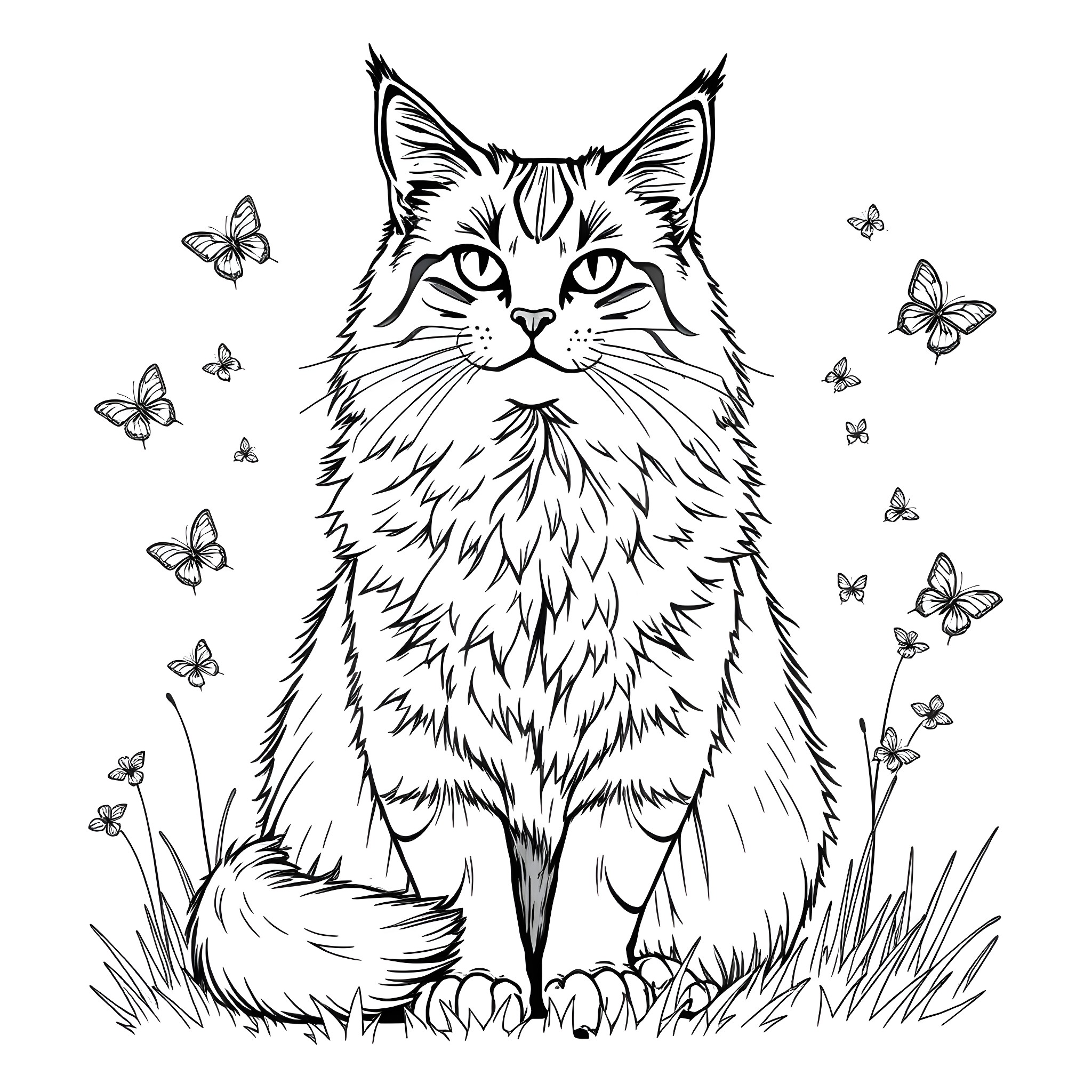 Maine Coon cat surrounded by butterflies in nature Coloring Page (free black-and-white line drawing printable PDF for all, from beginners to advanced learners, including children, teens, adults, and seniors)