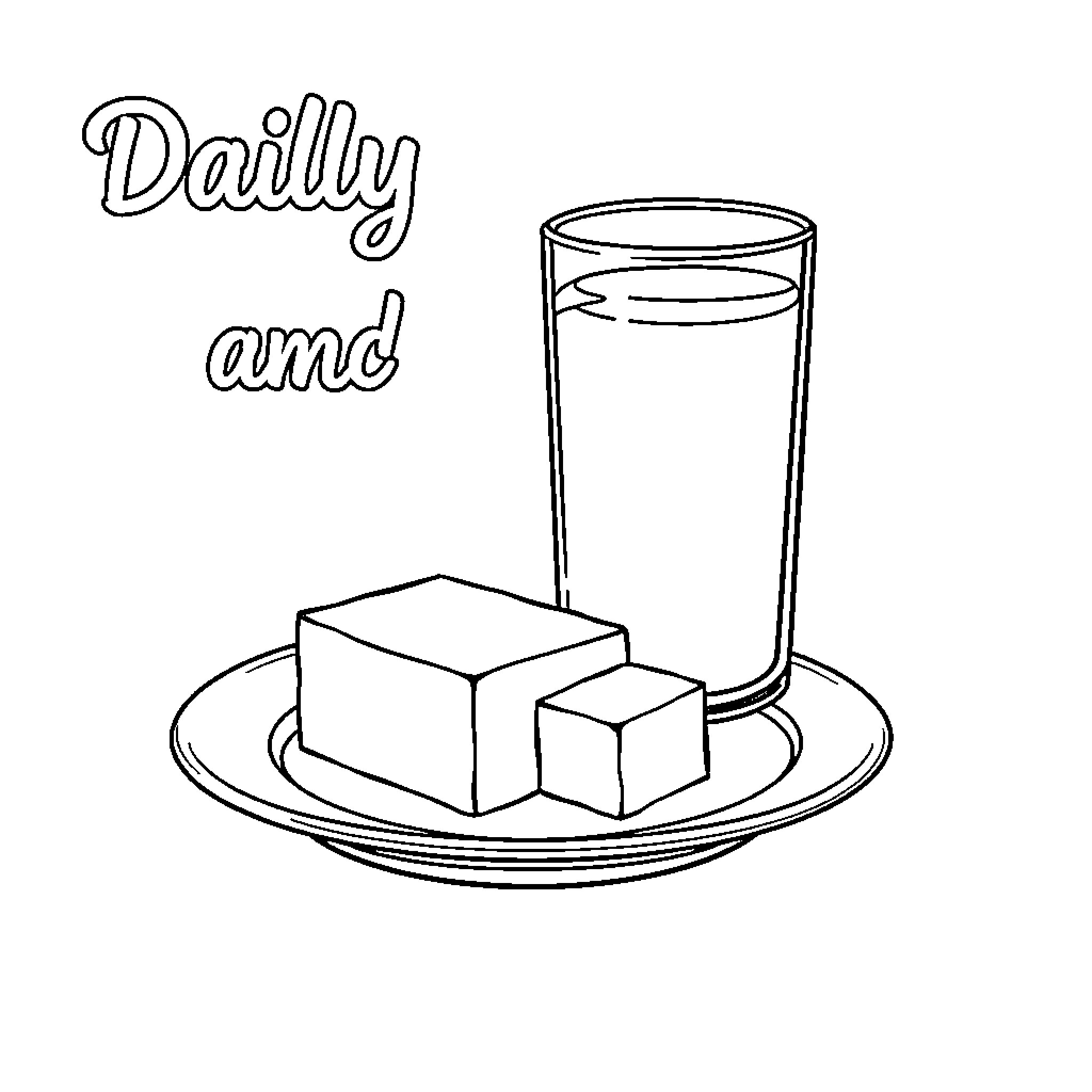 Milk and Daily Snack on Plate Coloring Page (free black-and-white line drawing printable PDF for all, from beginners to advanced learners, including children, teens, adults, and seniors)
