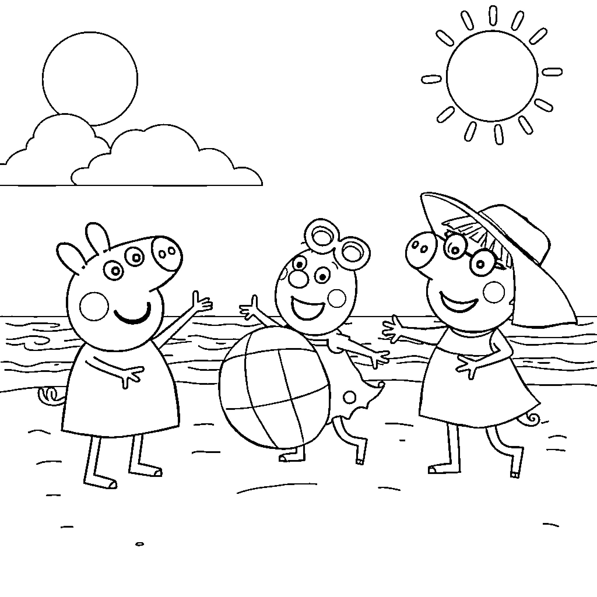Peppa Pig having fun at the beach with friends Coloring Page (free black-and-white line drawing printable PDF for all, from beginners to advanced learners, including children, teens, adults, and seniors)