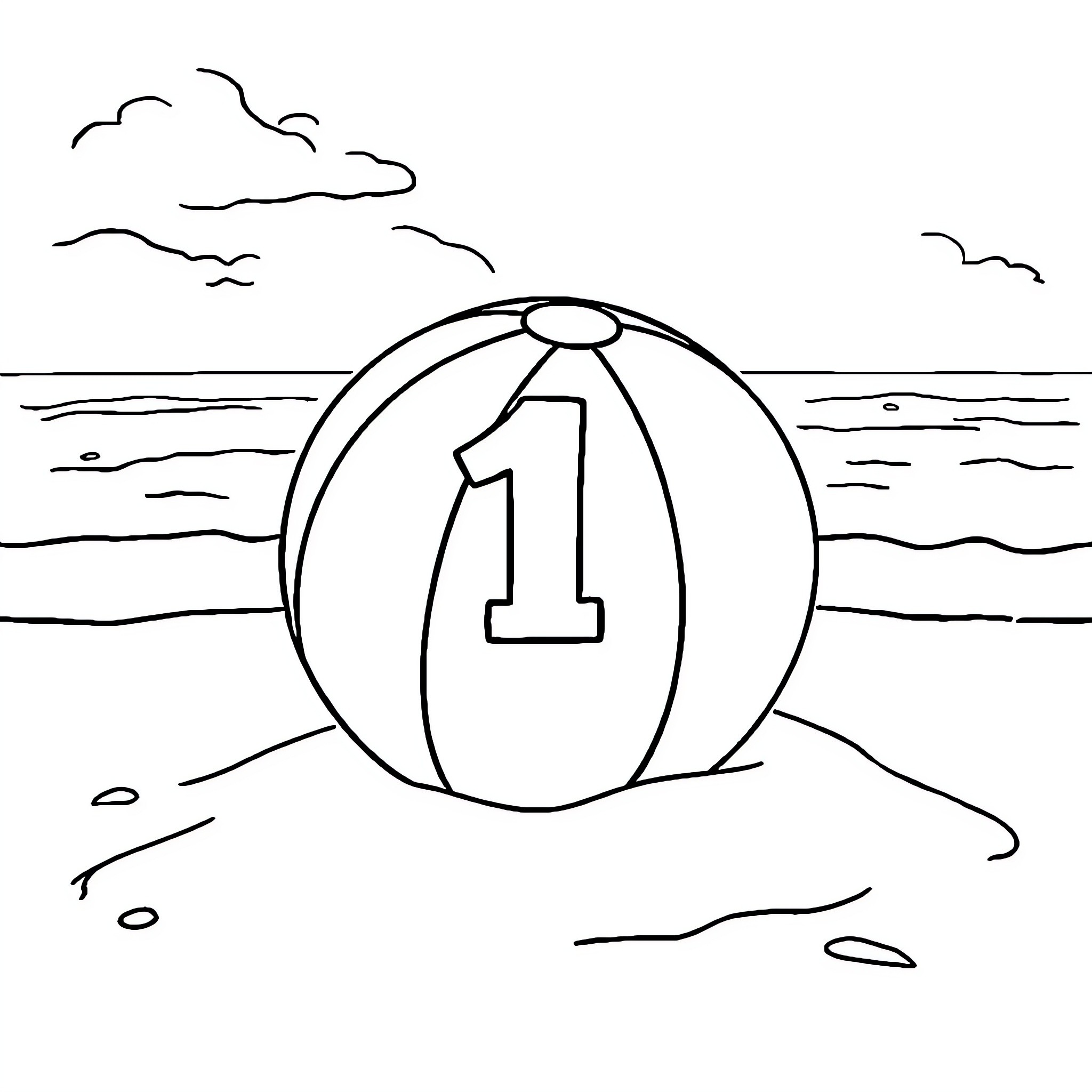 Beach Ball Floating on the Shore Coloring Page (free black-and-white line drawing printable PDF for all, from beginners to advanced learners, including children, teens, adults, and seniors)