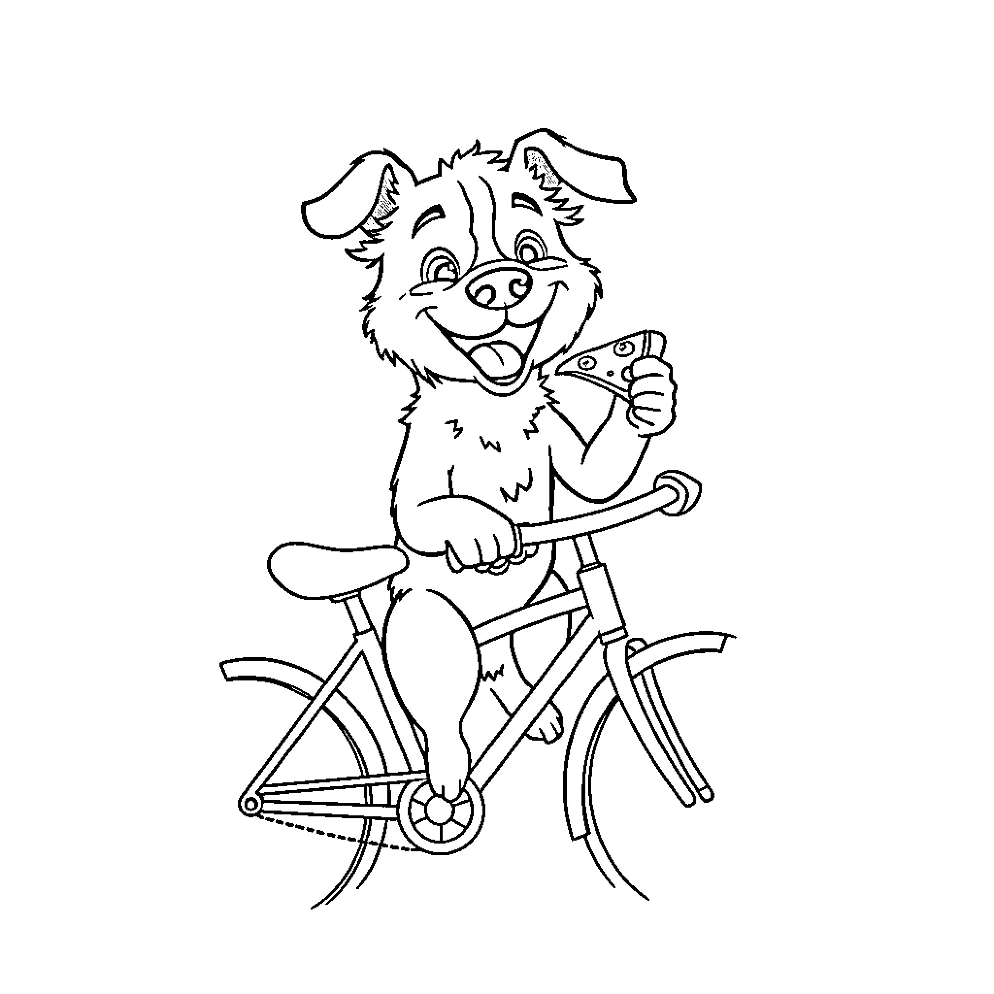 Dog riding a bicycle happily Coloring Page (free black-and-white line drawing printable PDF for all, from beginners to advanced learners, including children, teens, adults, and seniors)