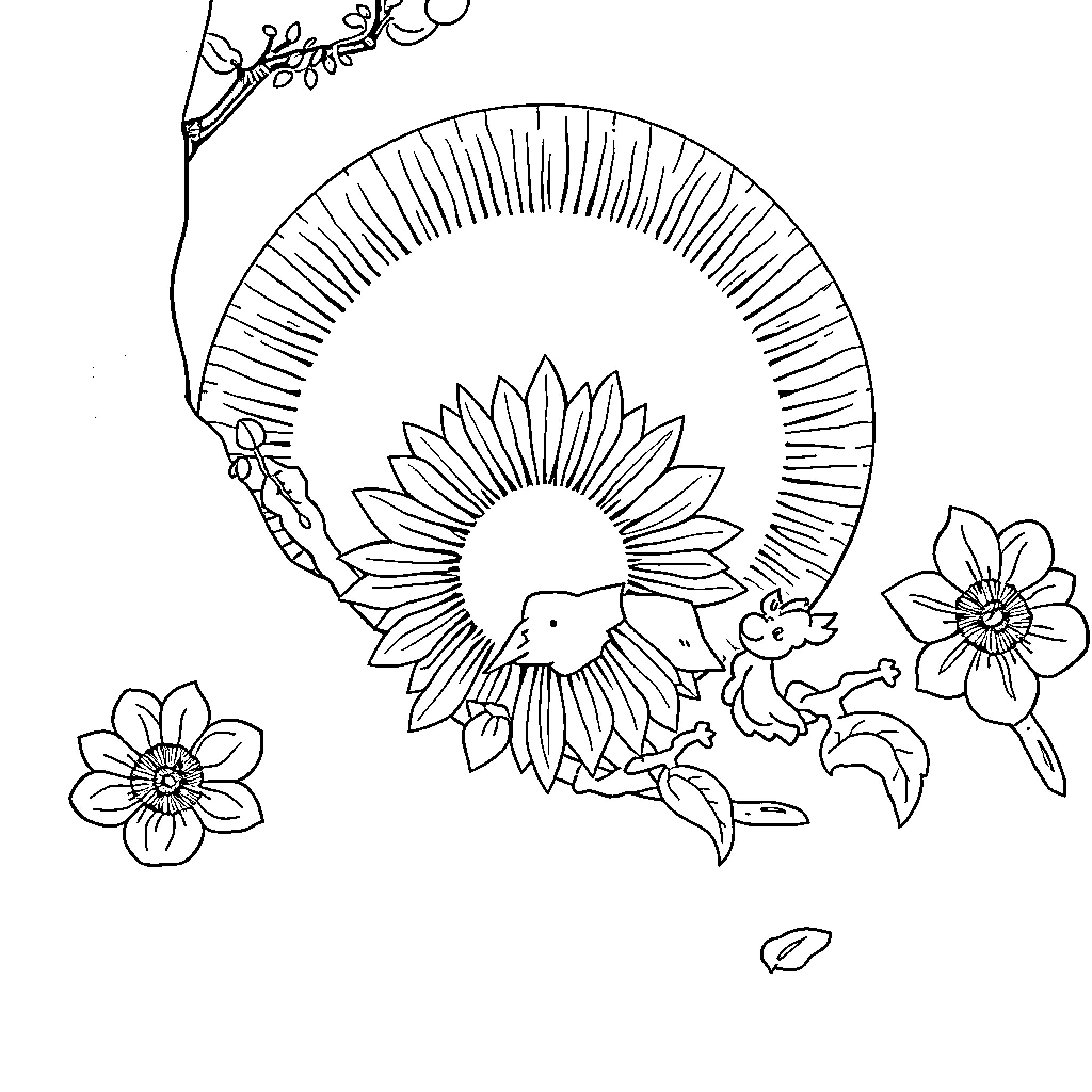 Buat Sunflowers and Butterflies in Nature Coloring Page (free black-and-white line drawing printable PDF for all, from beginners to advanced learners, including children, teens, adults, and seniors)