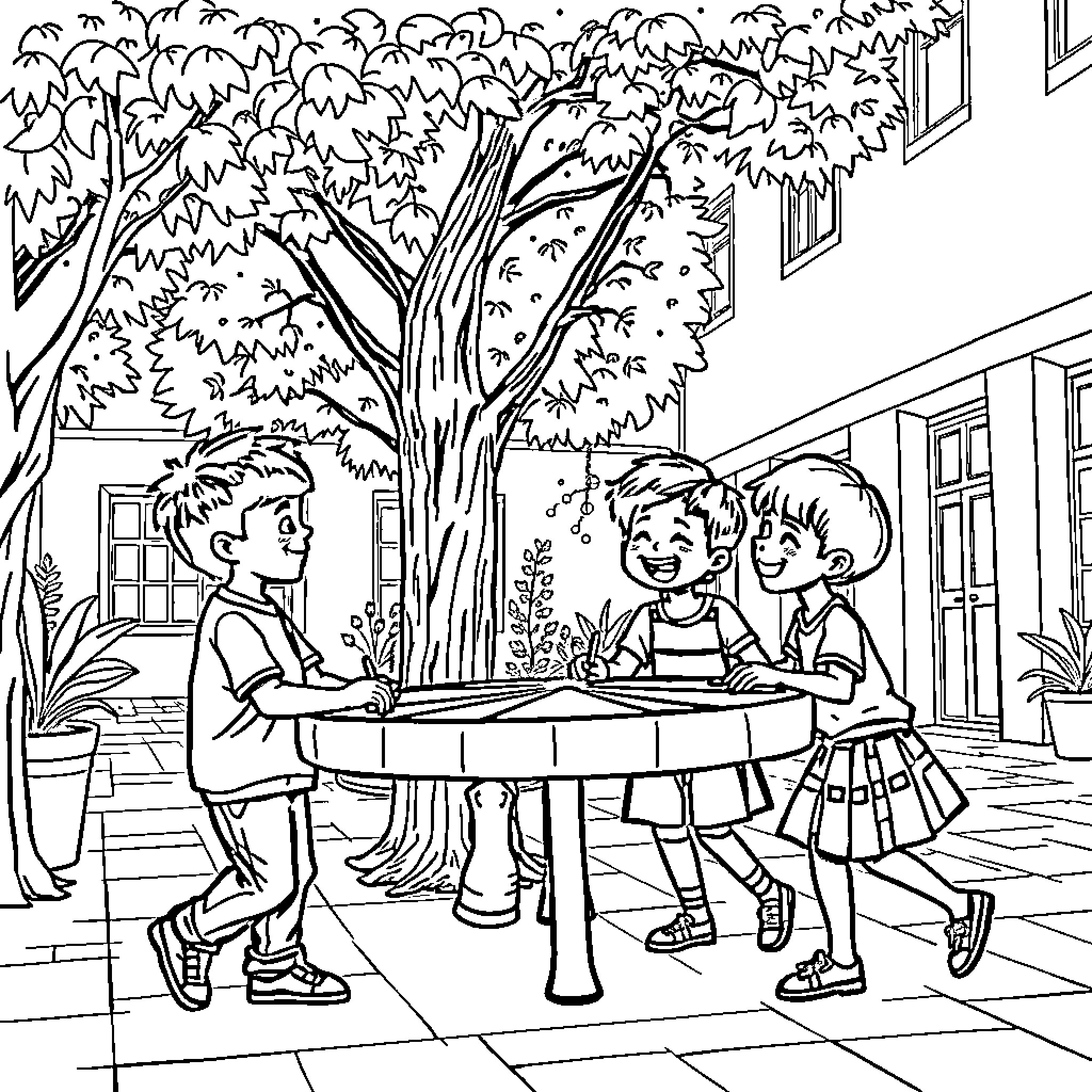Niños playing and chatting in the outdoor garden Coloring Page (free black-and-white line drawing printable PDF for all, from beginners to advanced learners, including children, teens, adults, and seniors)