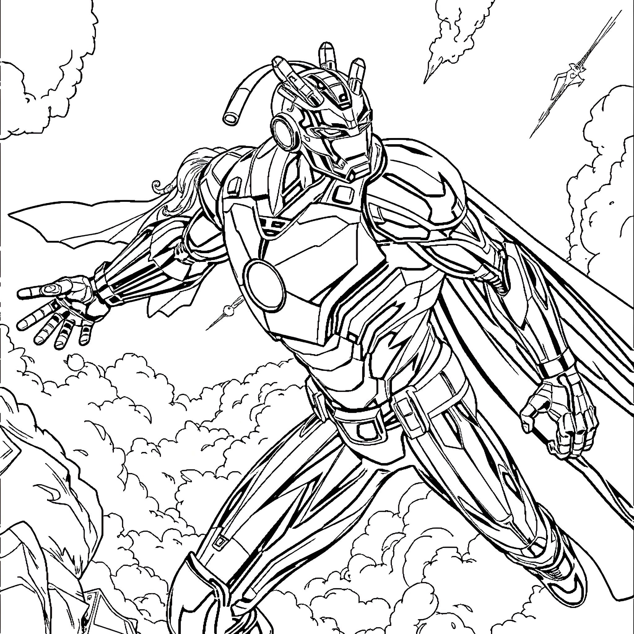 Iron Man in Heroic Aerial Pose Coloring Page (free black-and-white line drawing printable PDF for all, from beginners to advanced learners, including children, teens, adults, and seniors)
