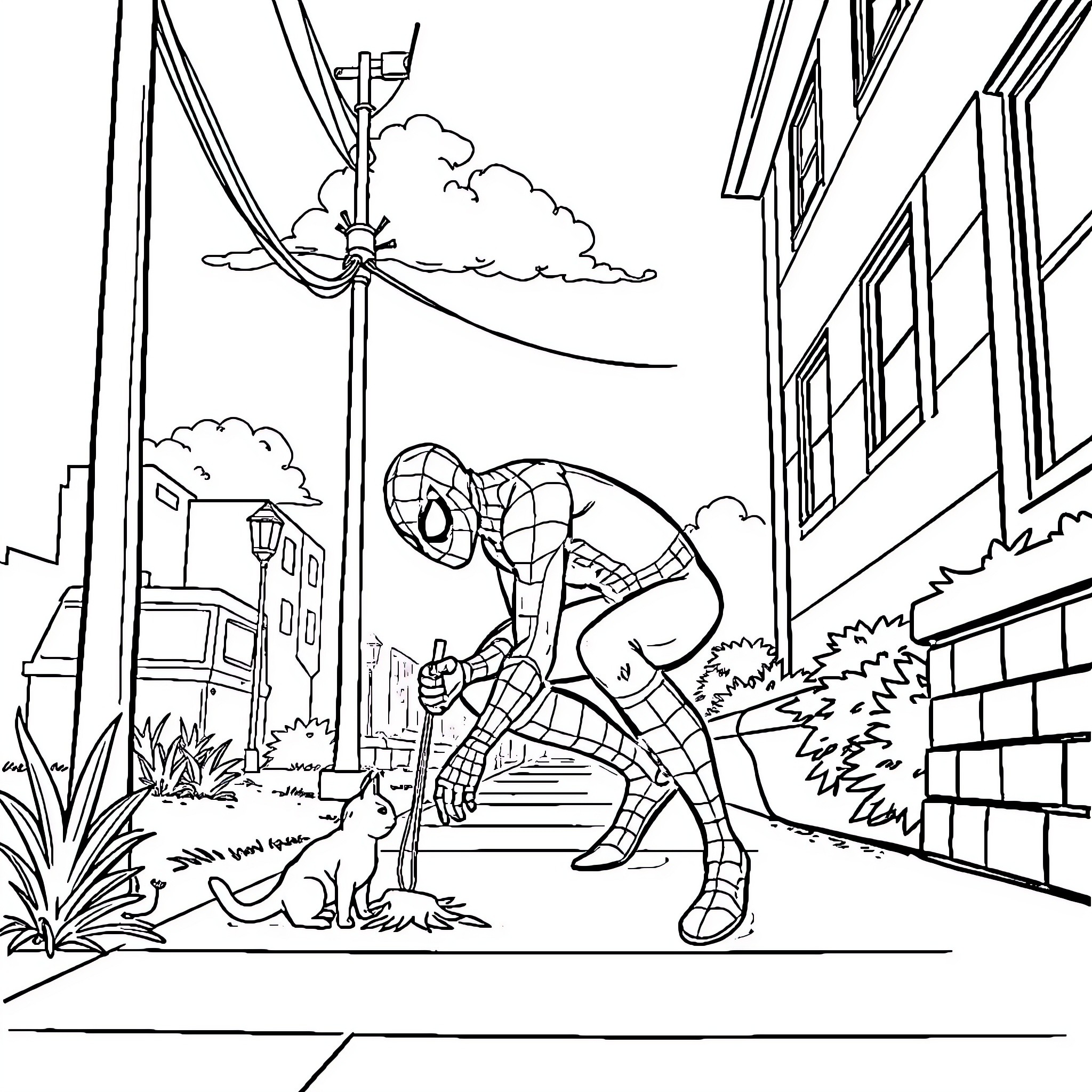 Spiderman saves a cat in the city Coloring Page (free black-and-white line drawing printable PDF for all, from beginners to advanced learners, including children, teens, adults, and seniors)