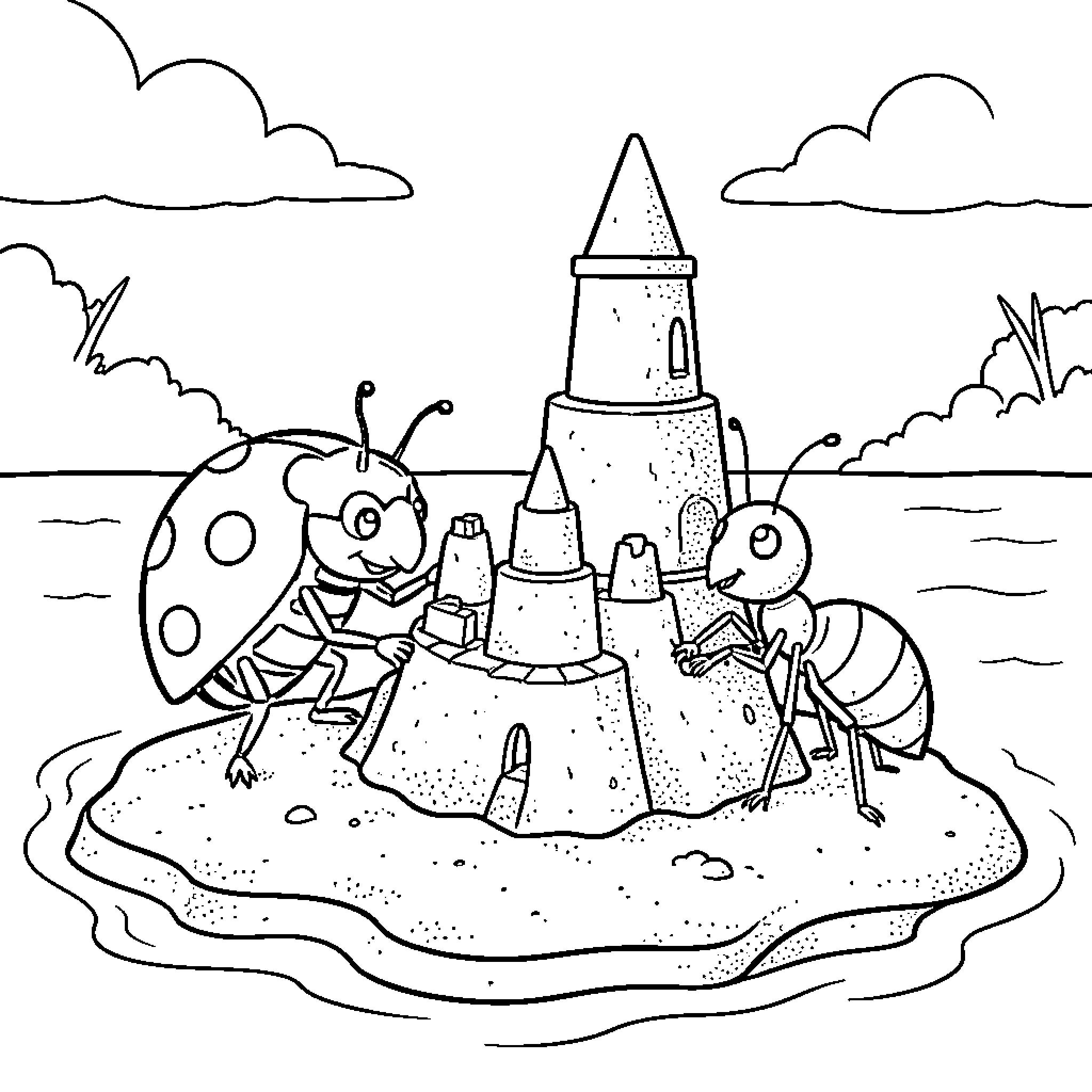 Coccinelle and an ant building a sandcastle together Coloring Page (free black-and-white line drawing printable PDF for all, from beginners to advanced learners, including children, teens, adults, and seniors)