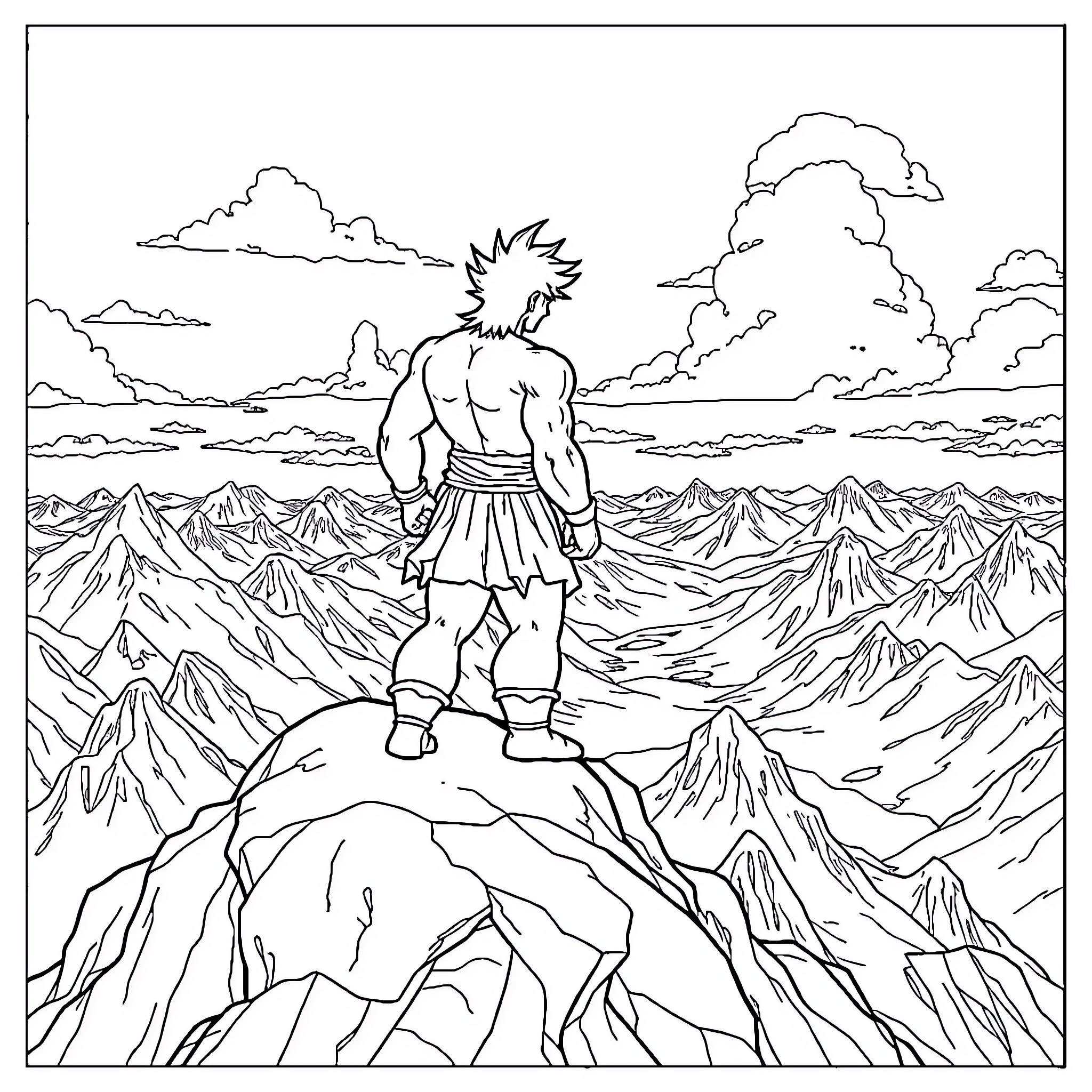 Broly's Powerful Stance on the Rugged Mountainous Landscape Coloring Page (free black-and-white line drawing printable PDF for all, from beginners to advanced learners, including children, teens, adults, and seniors)