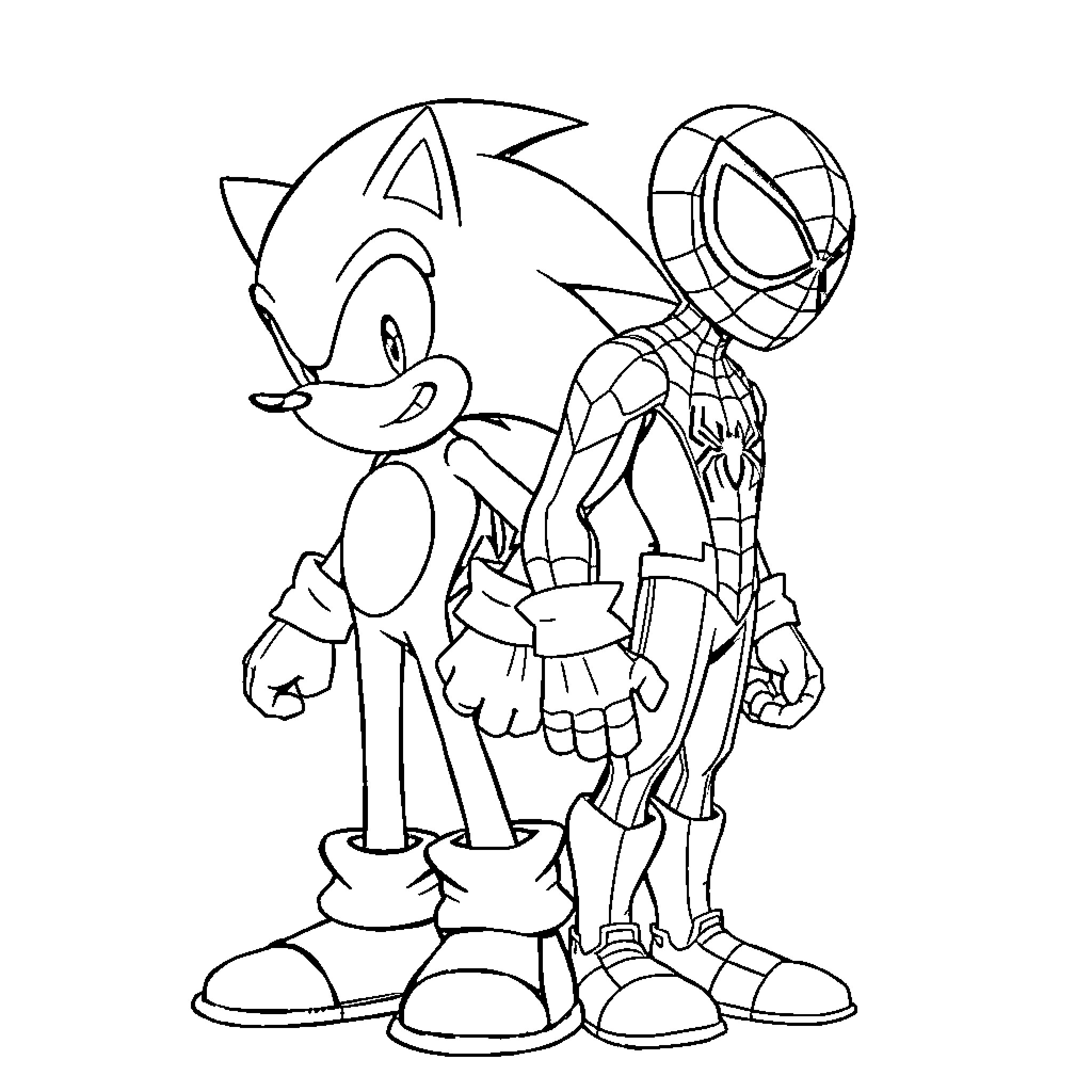 Sonic and Spider-Man Stand Together Coloring Page (free black-and-white line drawing printable PDF for all, from beginners to advanced learners, including children, teens, adults, and seniors)
