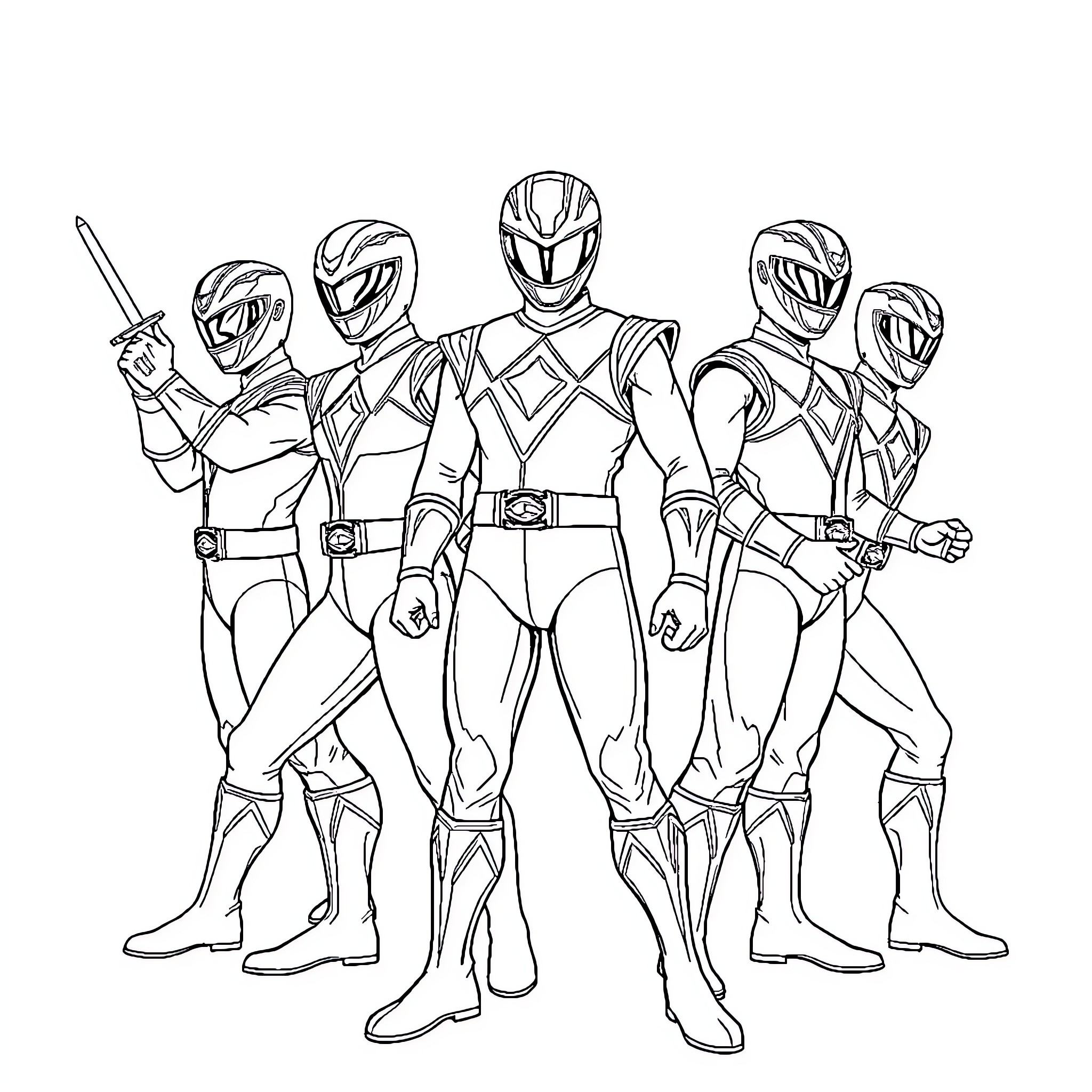 Power Rangers Heroic Pose Coloring Page (free black-and-white line drawing printable PDF for all, from beginners to advanced learners, including children, teens, adults, and seniors)