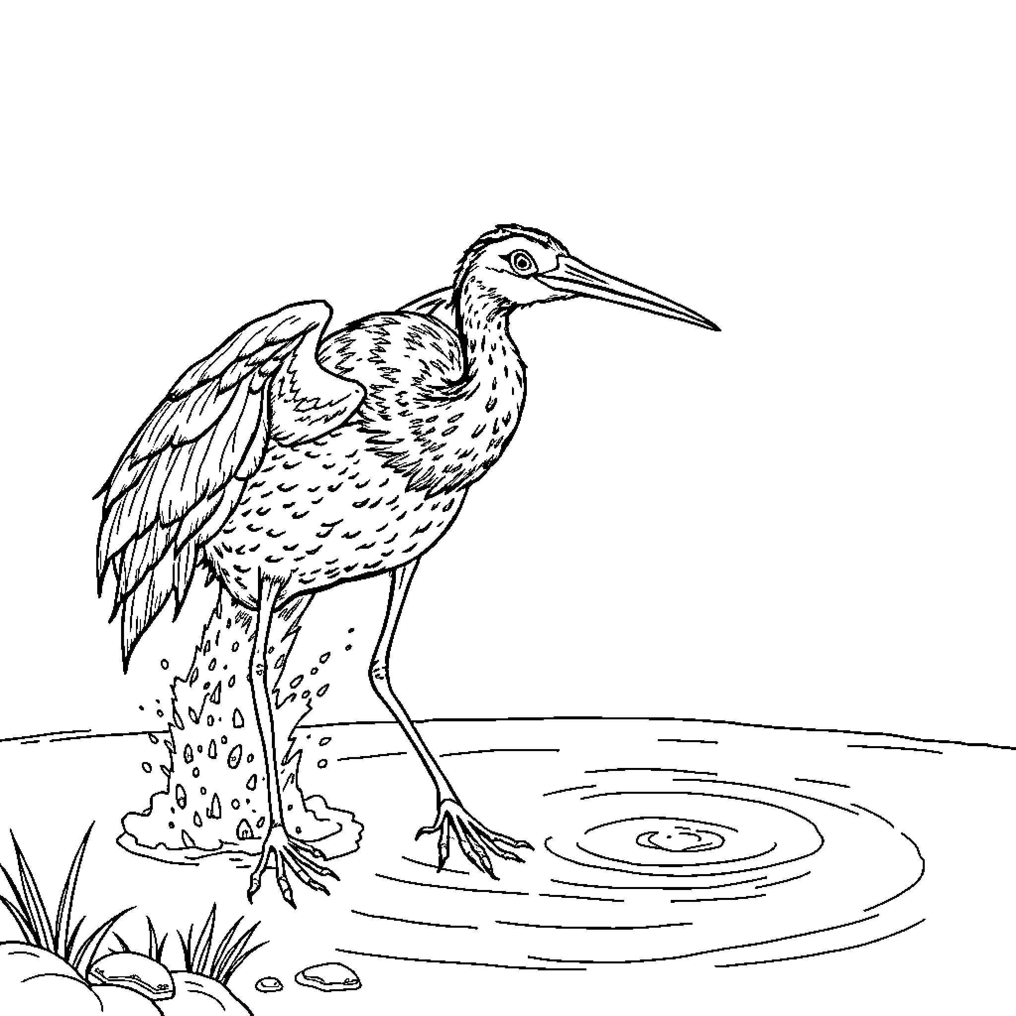 Crane wading in shallow water Coloring Page (free black-and-white line drawing printable PDF for all, from beginners to advanced learners, including children, teens, adults, and seniors)