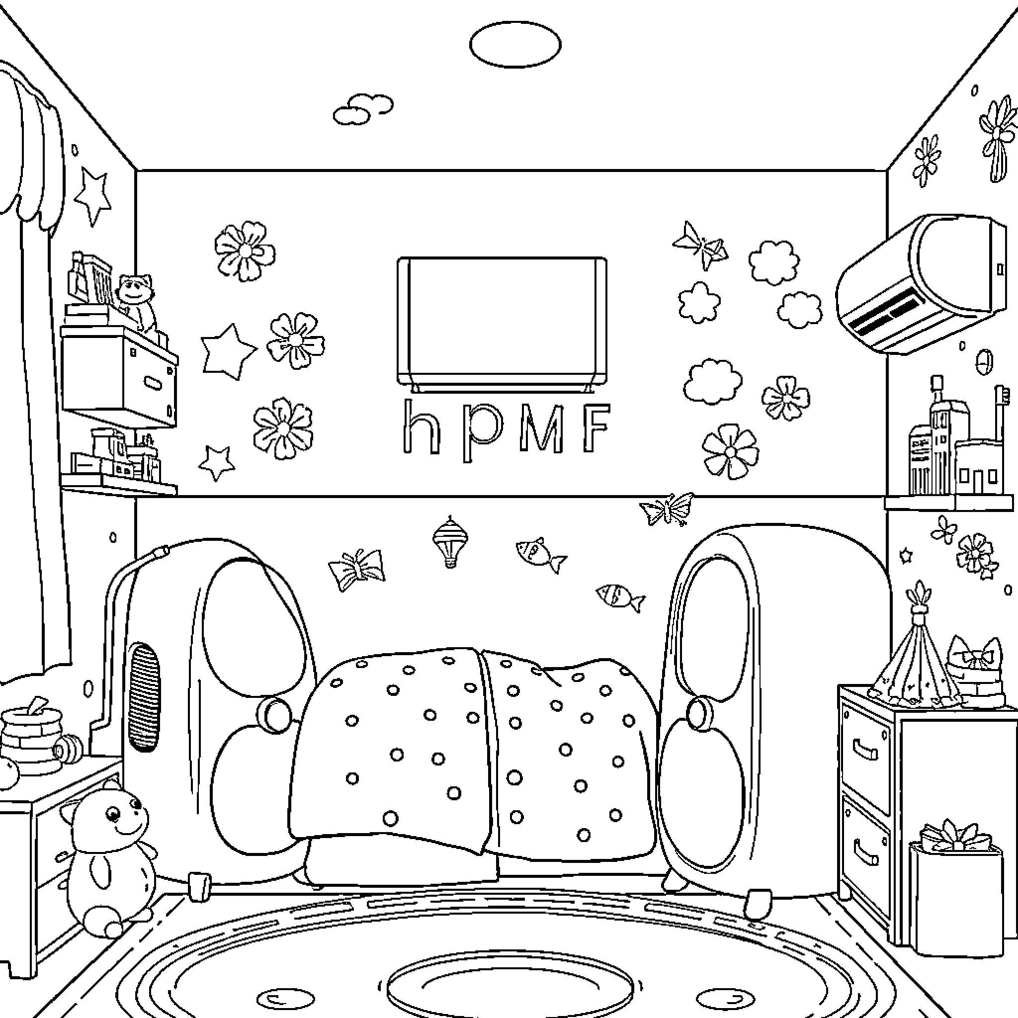 Aspiradora de brinquedos e decorações na sala de estar Coloring Page (free black-and-white line drawing printable PDF for all, from beginners to advanced learners, including children, teens, adults, and seniors)