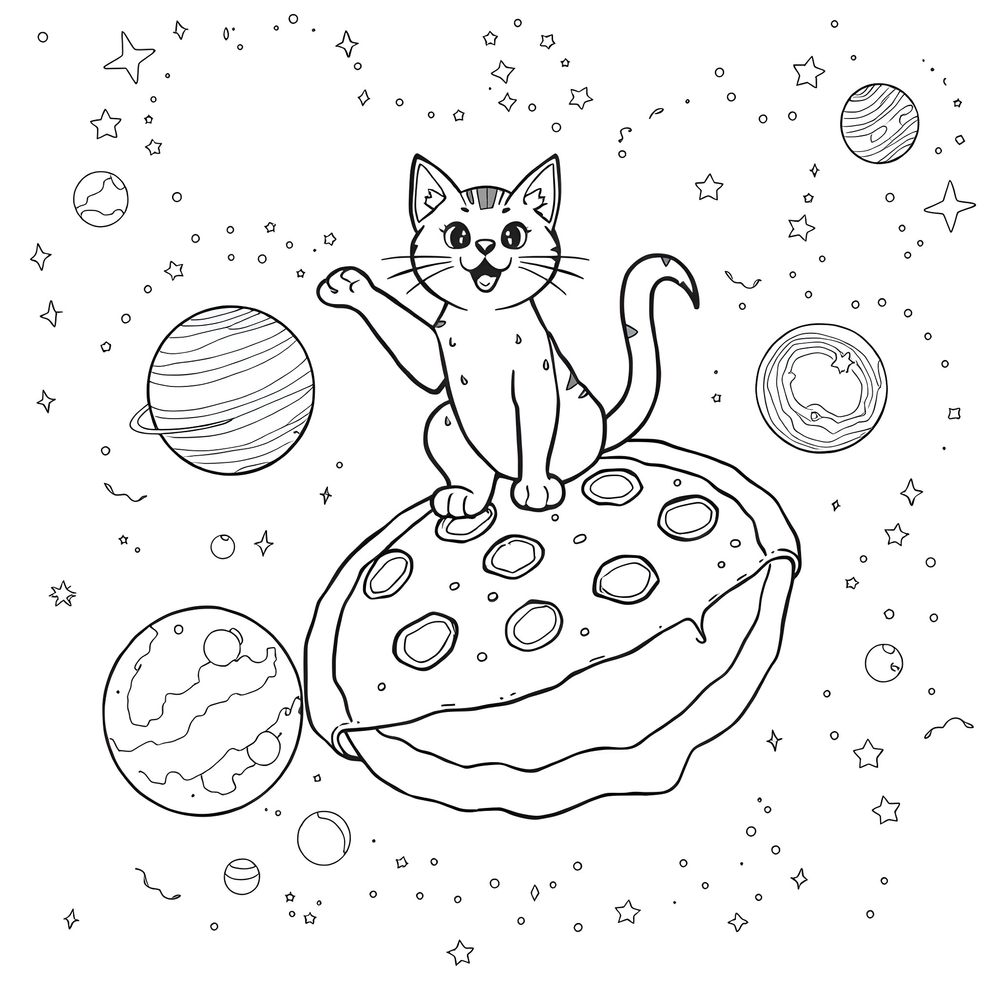 Cat exploring the cosmic pizza Coloring Page (free black-and-white line drawing printable PDF for all, from beginners to advanced learners, including children, teens, adults, and seniors)