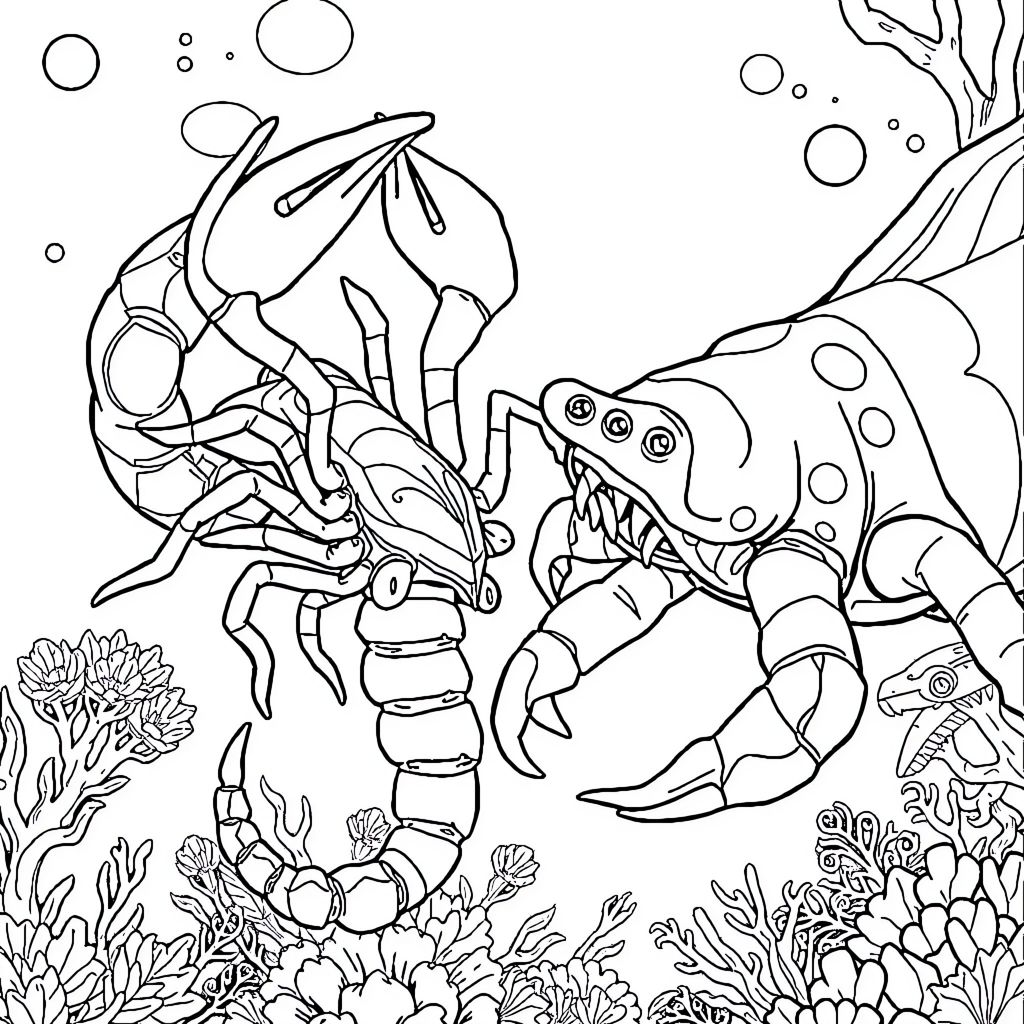 Scorpion Hunting in the Underwater Coral Reef Coloring Page (free black-and-white line drawing printable PDF for all, from beginners to advanced learners, including children, teens, adults, and seniors)