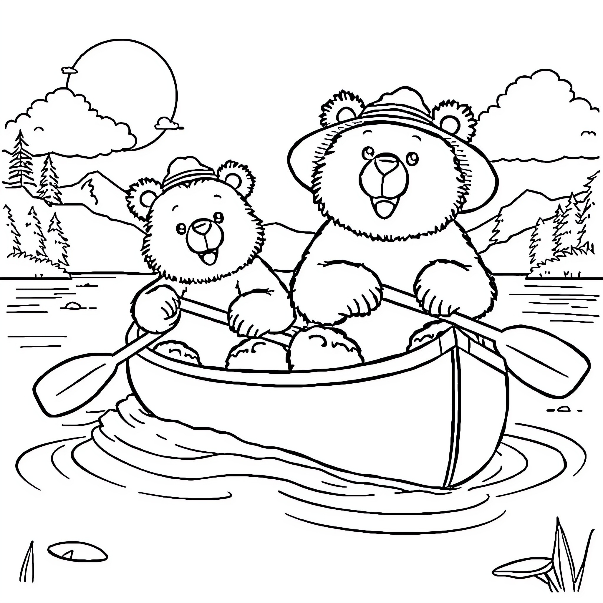 Bears paddling boat in scenic mountain landscape Coloring Page (free black-and-white line drawing printable PDF for all, from beginners to advanced learners, including children, teens, adults, and seniors)