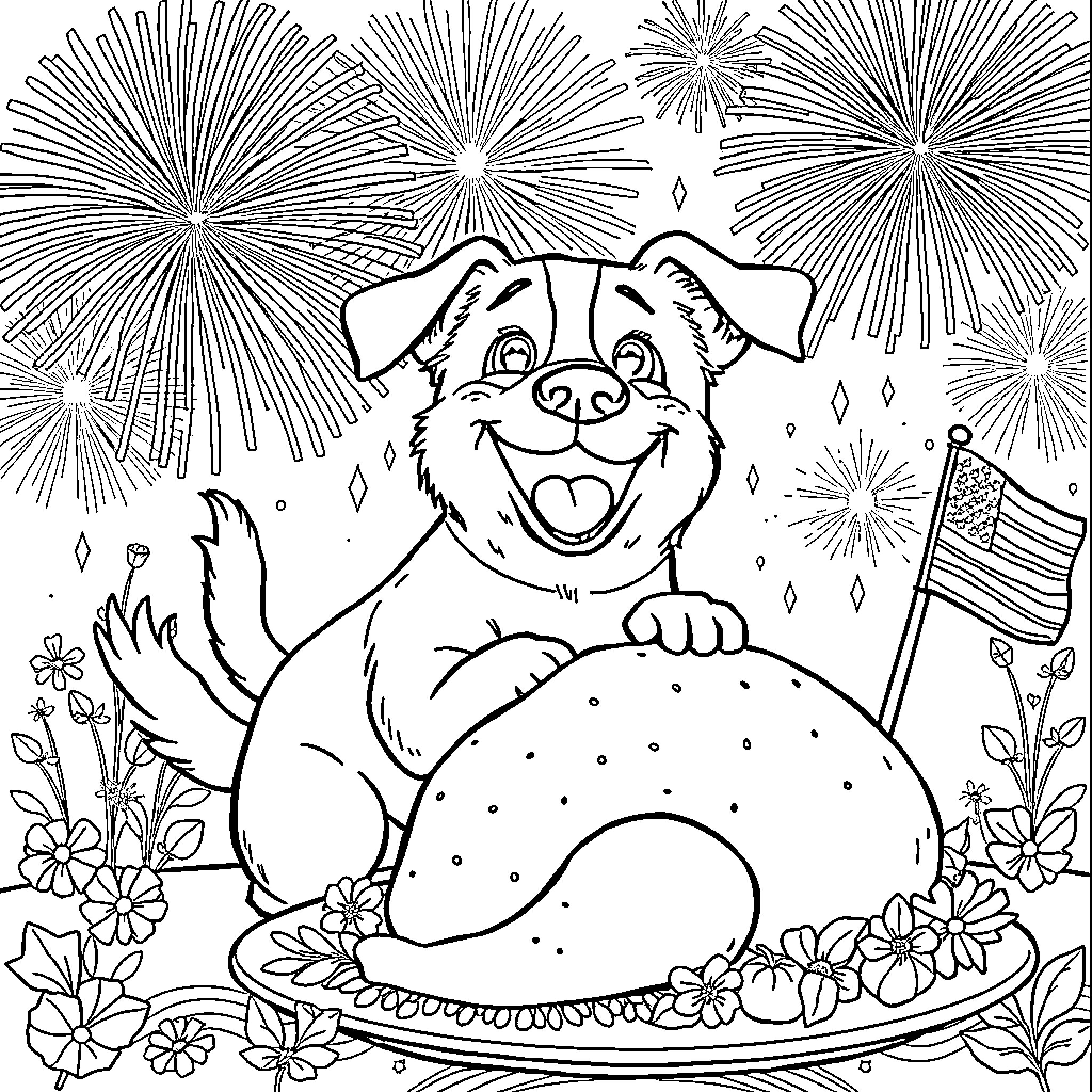 Dog enjoying a festive celebration Coloring Page (free black-and-white line drawing printable PDF for all, from beginners to advanced learners, including children, teens, adults, and seniors)