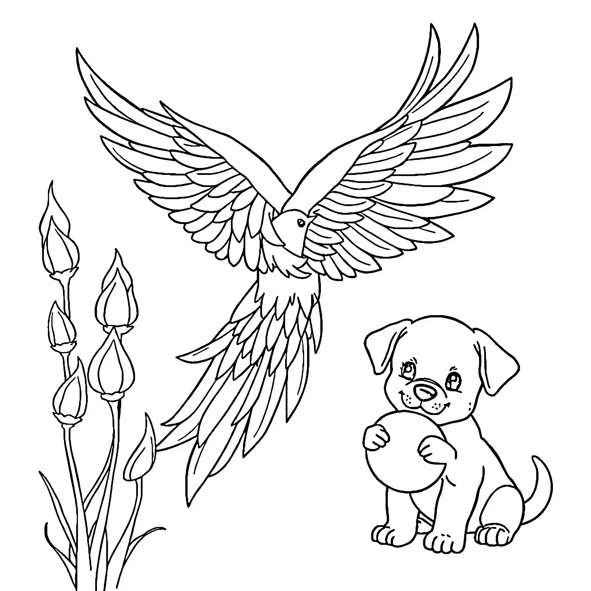 Phoenix soaring with a playful puppy in the garden Coloring Page (free black-and-white line drawing printable PDF for all, from beginners to advanced learners, including children, teens, adults, and seniors)
