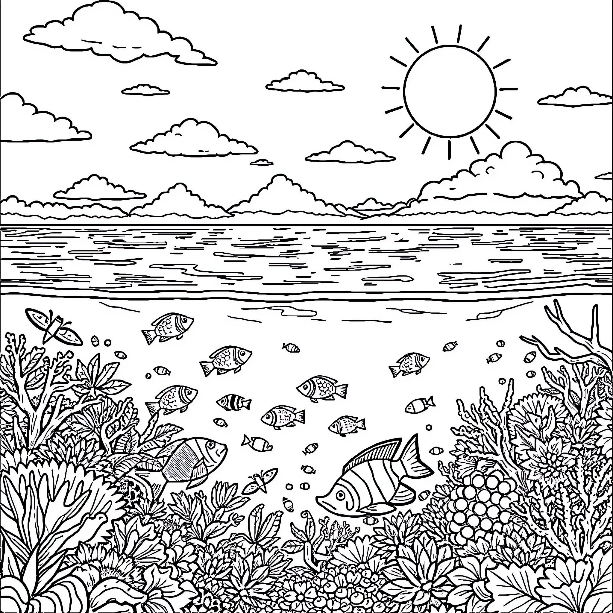 Ocean Creature's Underwater Adventure Coloring Page (free black-and-white line drawing printable PDF for all, from beginners to advanced learners, including children, teens, adults, and seniors)