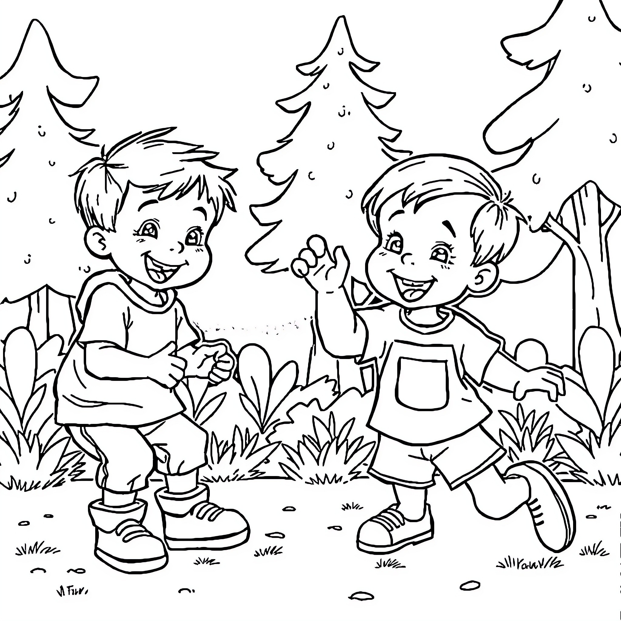 Kids exploring the forest in the outdoors Coloring Page (free black-and-white line drawing printable PDF for all, from beginners to advanced learners, including children, teens, adults, and seniors)