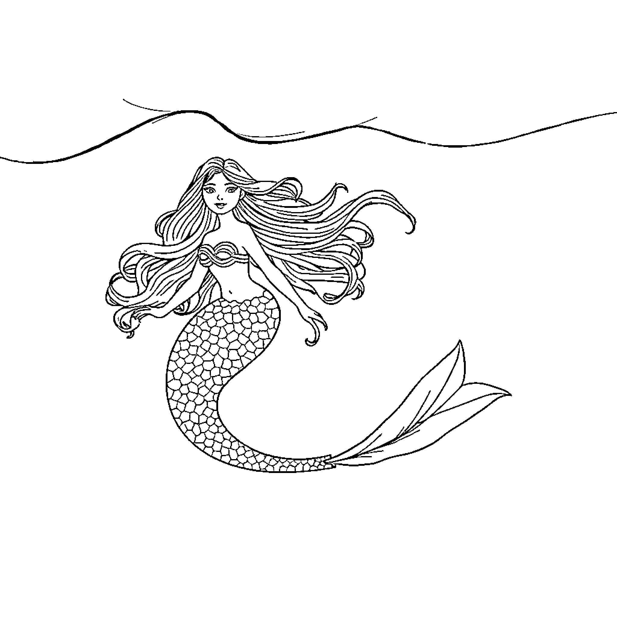 Mermaid exploring the underwater waves Coloring Page (free black-and-white line drawing printable PDF for all, from beginners to advanced learners, including children, teens, adults, and seniors)