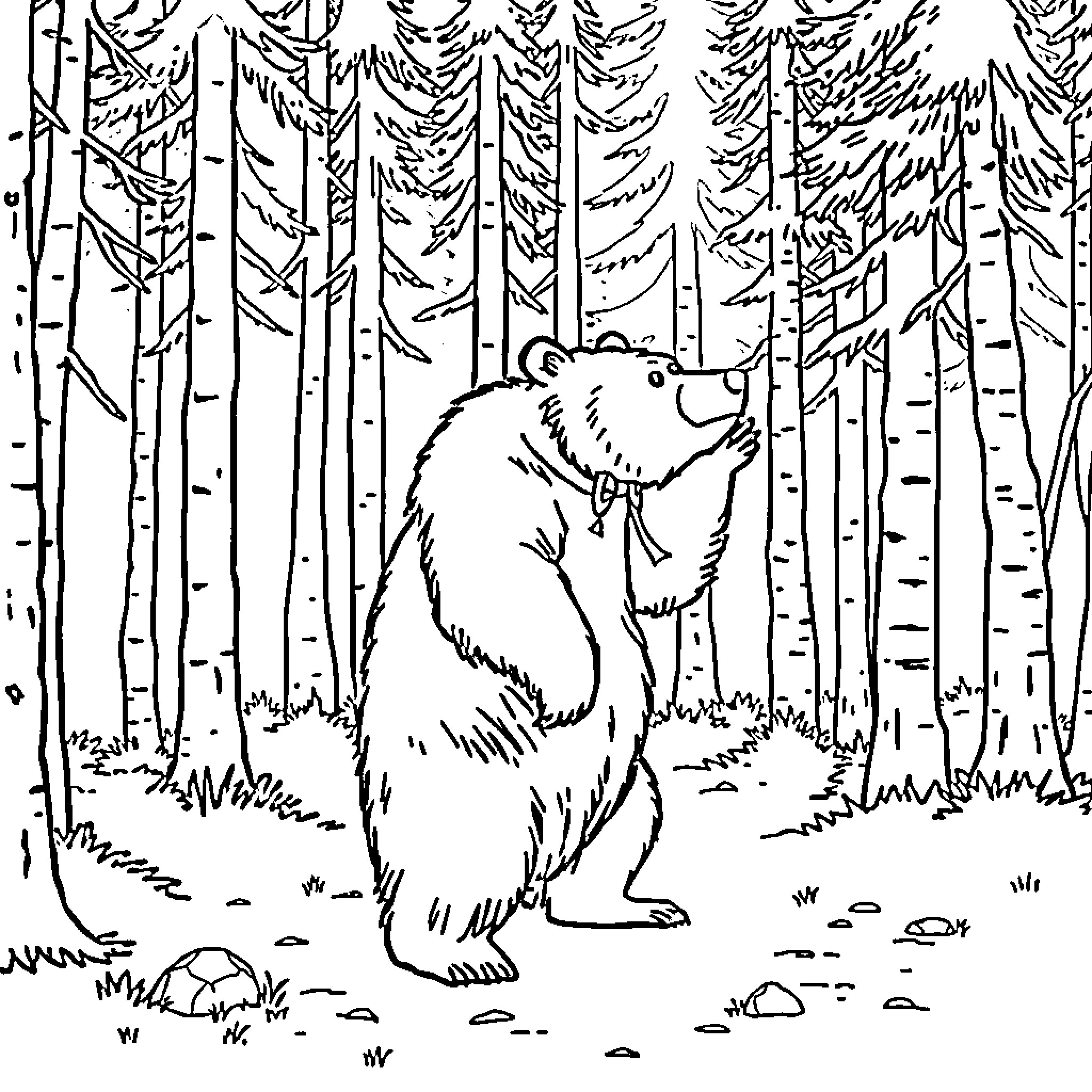 Bear wandering through a snowy forest Coloring Page (free black-and-white line drawing printable PDF for all, from beginners to advanced learners, including children, teens, adults, and seniors)