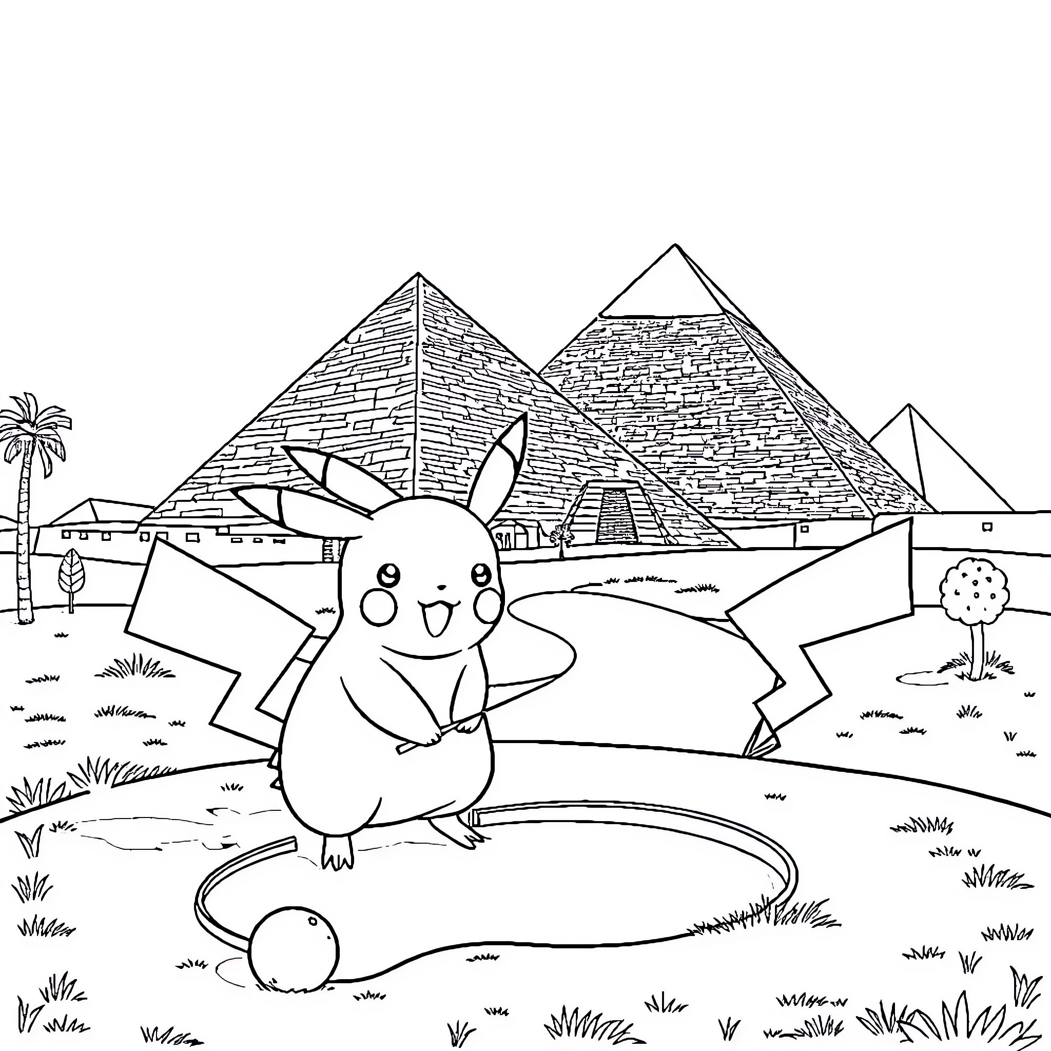 Pikachu exploring the ancient Egyptian pyramids Coloring Page (free black-and-white line drawing printable PDF for all, from beginners to advanced learners, including children, teens, adults, and seniors)