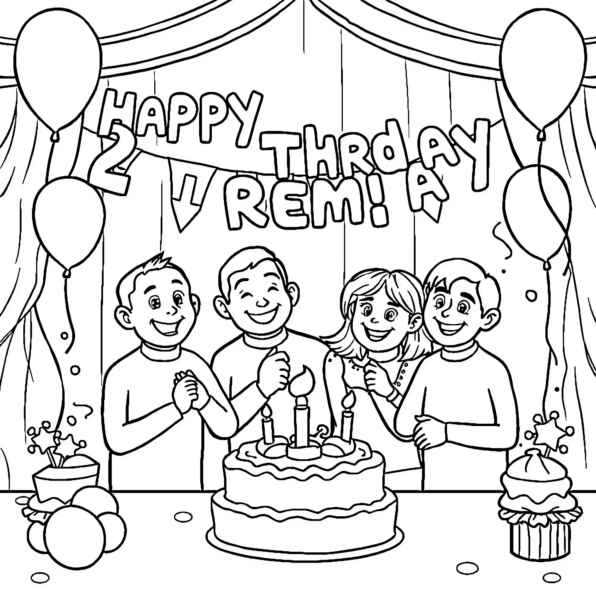 Wiggles and laughter at a birthday celebration Coloring Page (free black-and-white line drawing printable PDF for all, from beginners to advanced learners, including children, teens, adults, and seniors)