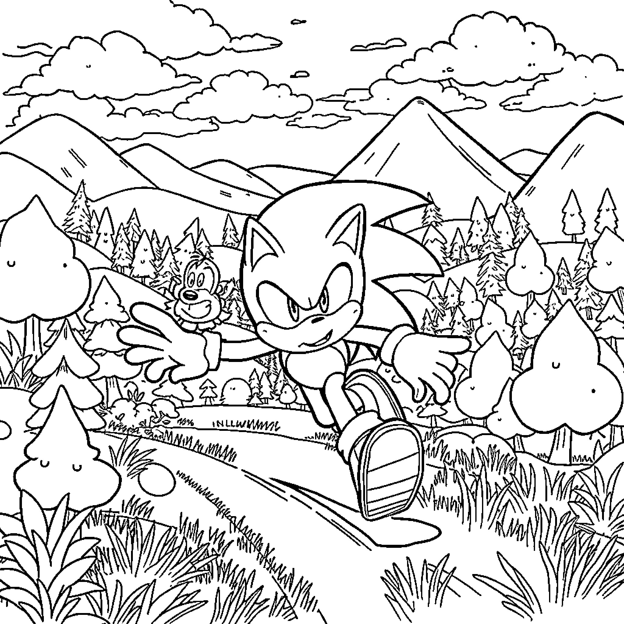 Dr. Eggman's Mischievous Adventure in the Wilderness Coloring Page (free black-and-white line drawing printable PDF for all, from beginners to advanced learners, including children, teens, adults, and seniors)