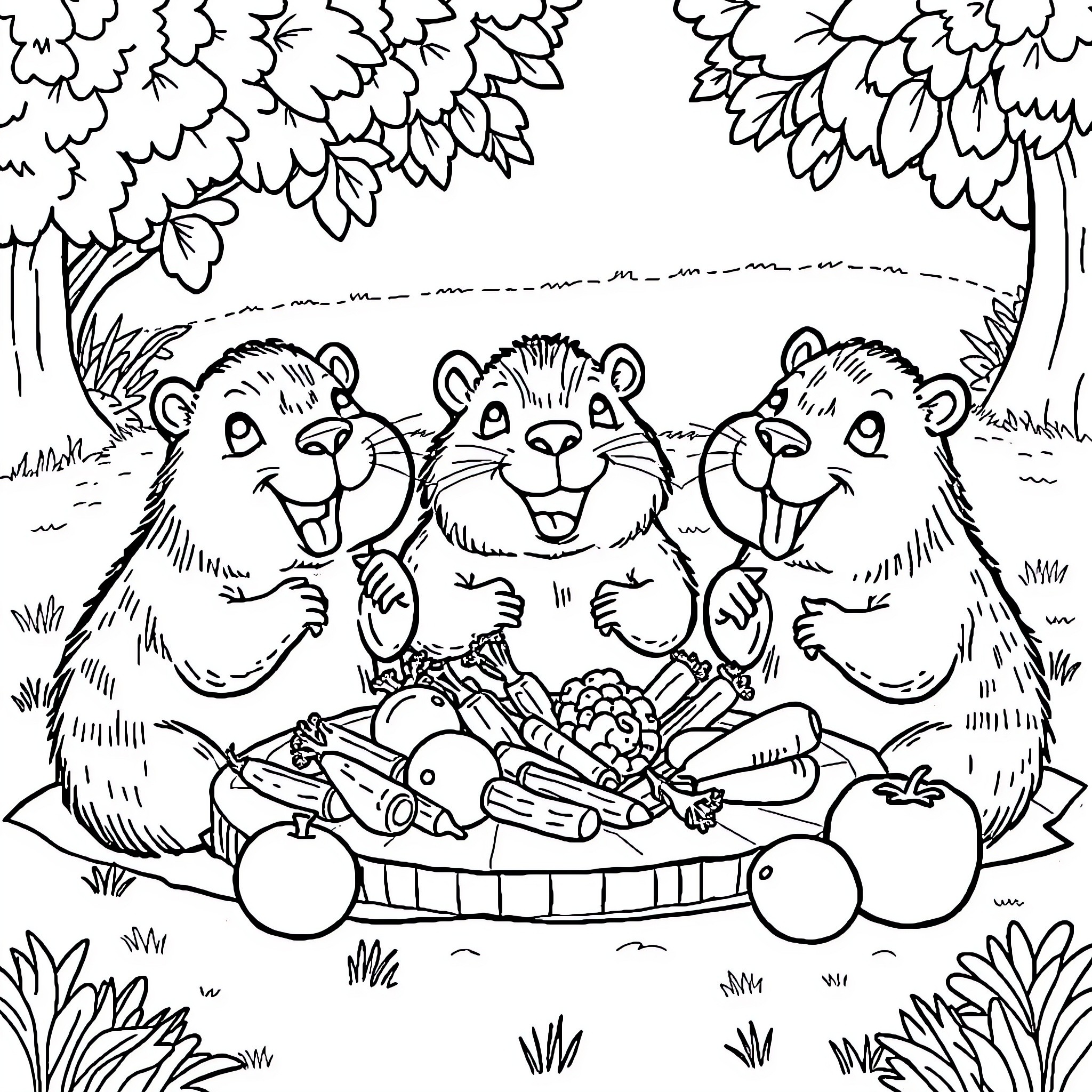 Capybara family enjoying a picnic in the forest Coloring Page (free black-and-white line drawing printable PDF for all, from beginners to advanced learners, including children, teens, adults, and seniors)
