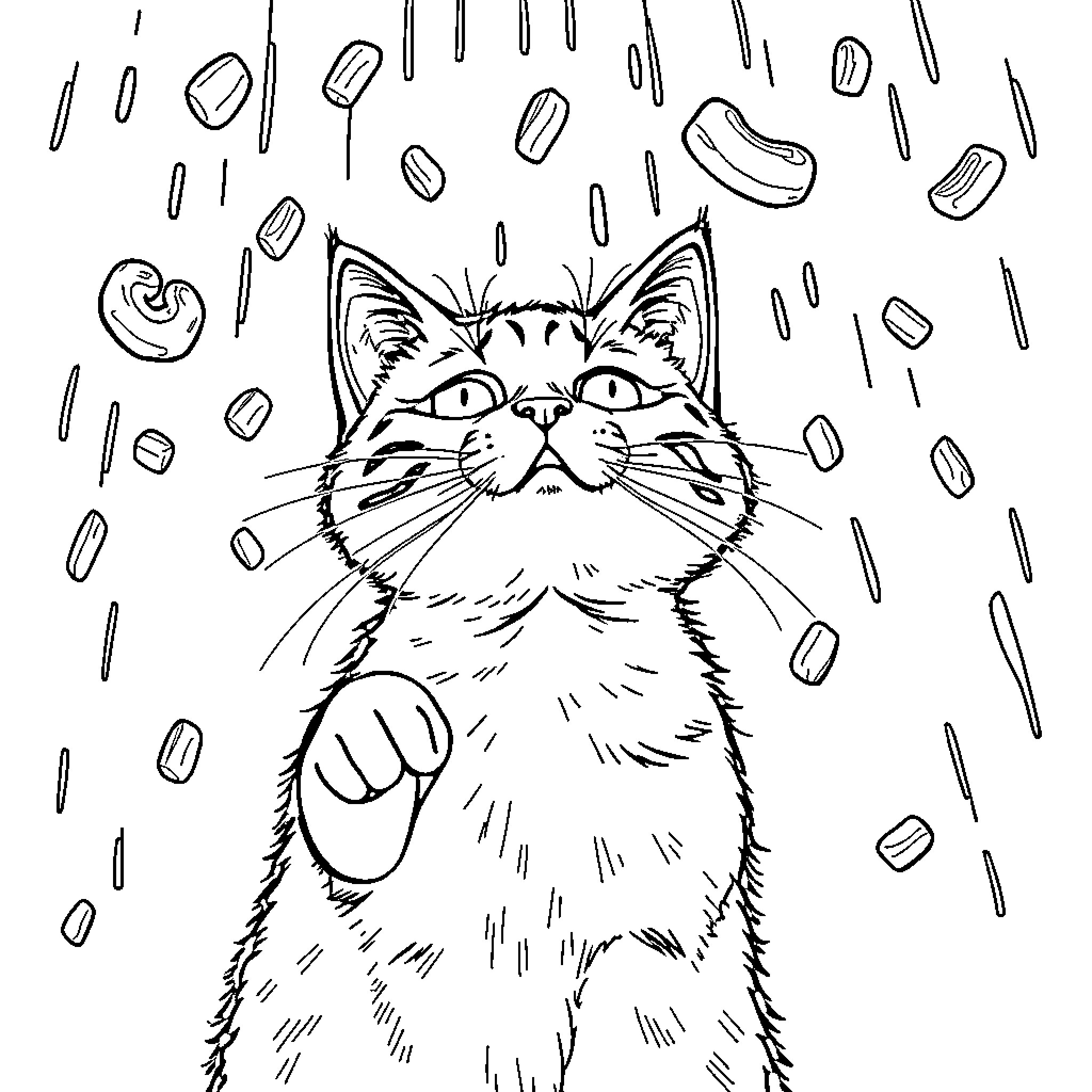 Cat Peeking Through the Rain Coloring Page (free black-and-white line drawing printable PDF for all, from beginners to advanced learners, including children, teens, adults, and seniors)