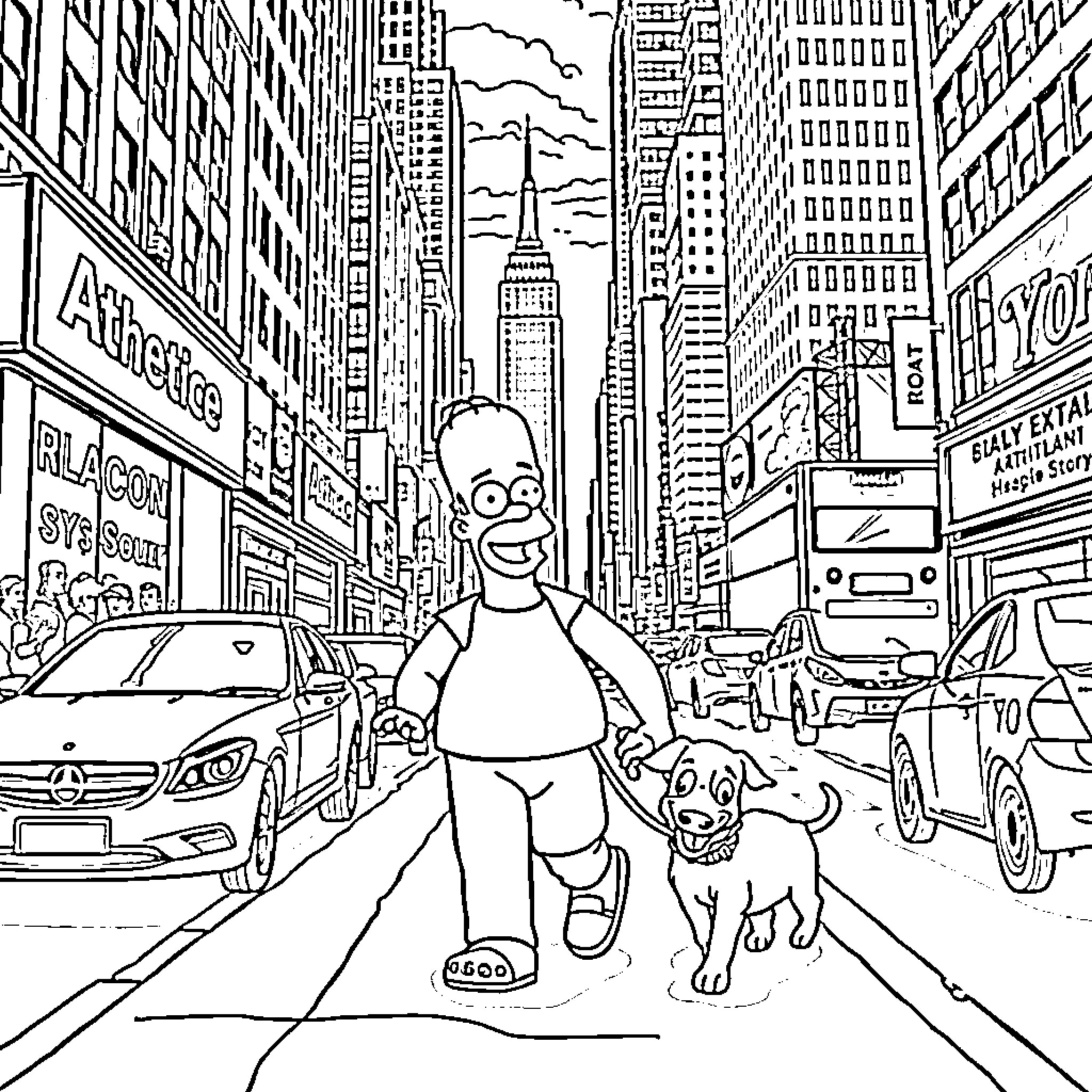 Homer Explores the Bustling City with His Canine Companion Coloring Page (free black-and-white line drawing printable PDF for all, from beginners to advanced learners, including children, teens, adults, and seniors)