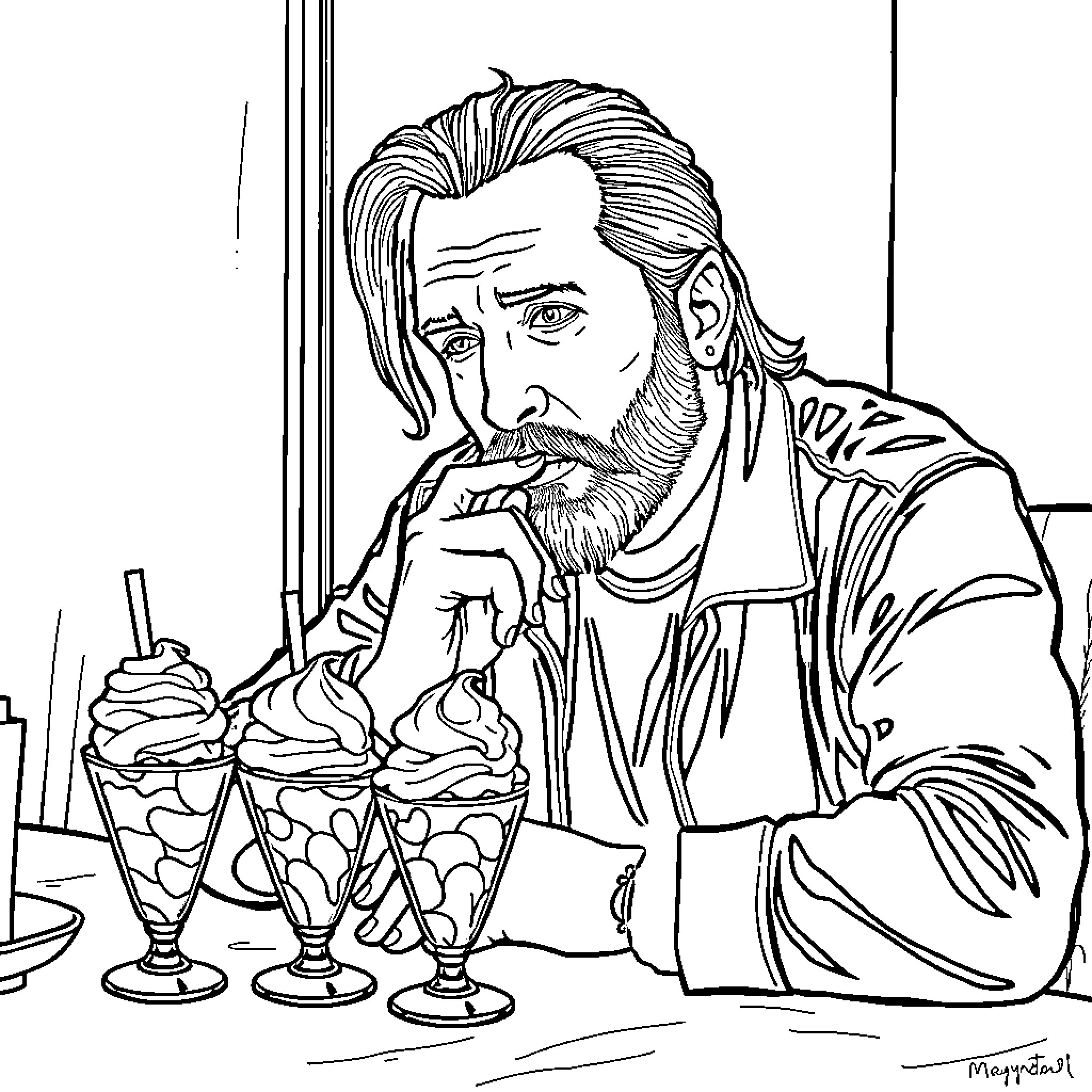 Maynard enjoying ice cream treats at the parlor Coloring Page (free black-and-white line drawing printable PDF for all, from beginners to advanced learners, including children, teens, adults, and seniors)