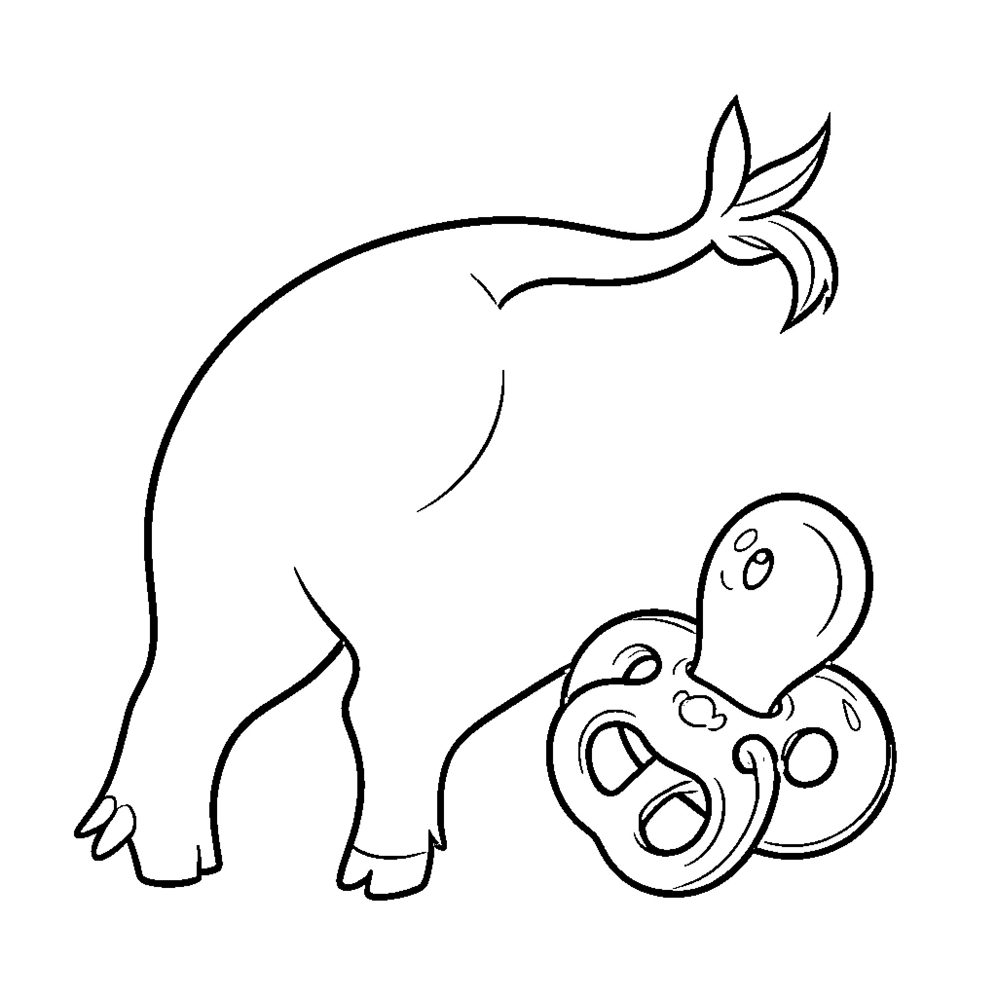 Rose baby animal standing next to a pacifier Coloring Page (free black-and-white line drawing printable PDF for all, from beginners to advanced learners, including children, teens, adults, and seniors)