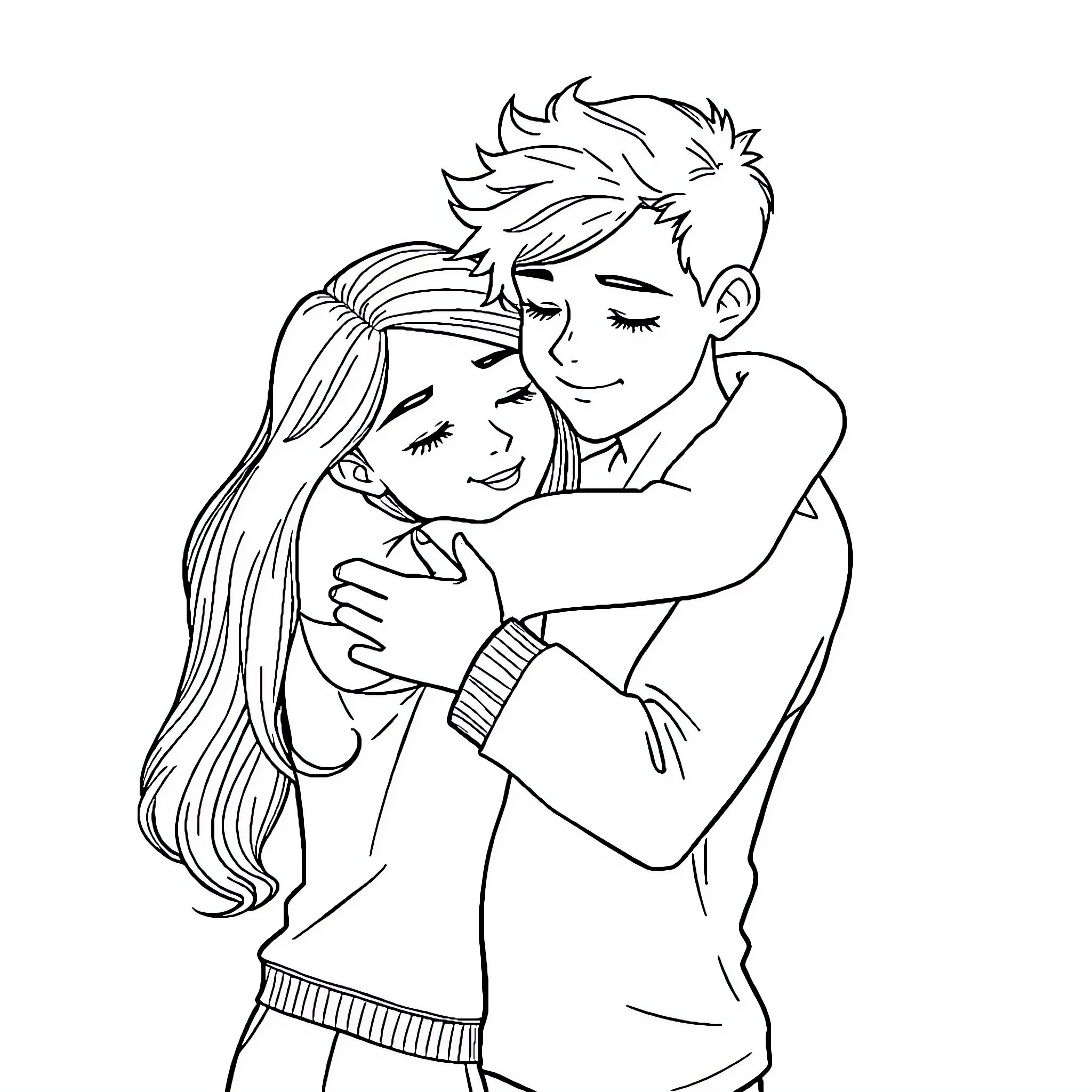 Peter embracing a young woman lovingly Coloring Page (free black-and-white line drawing printable PDF for all, from beginners to advanced learners, including children, teens, adults, and seniors)