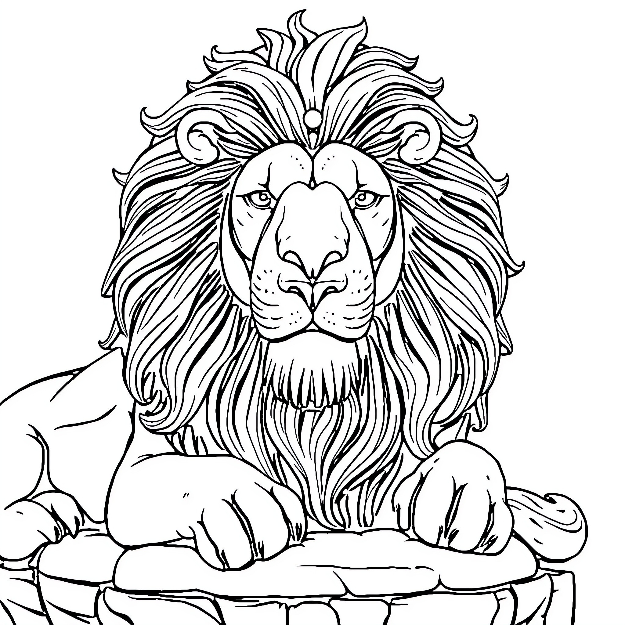 Lion sitting majestically on a rock Coloring Page (free black-and-white line drawing printable PDF for all, from beginners to advanced learners, including children, teens, adults, and seniors)