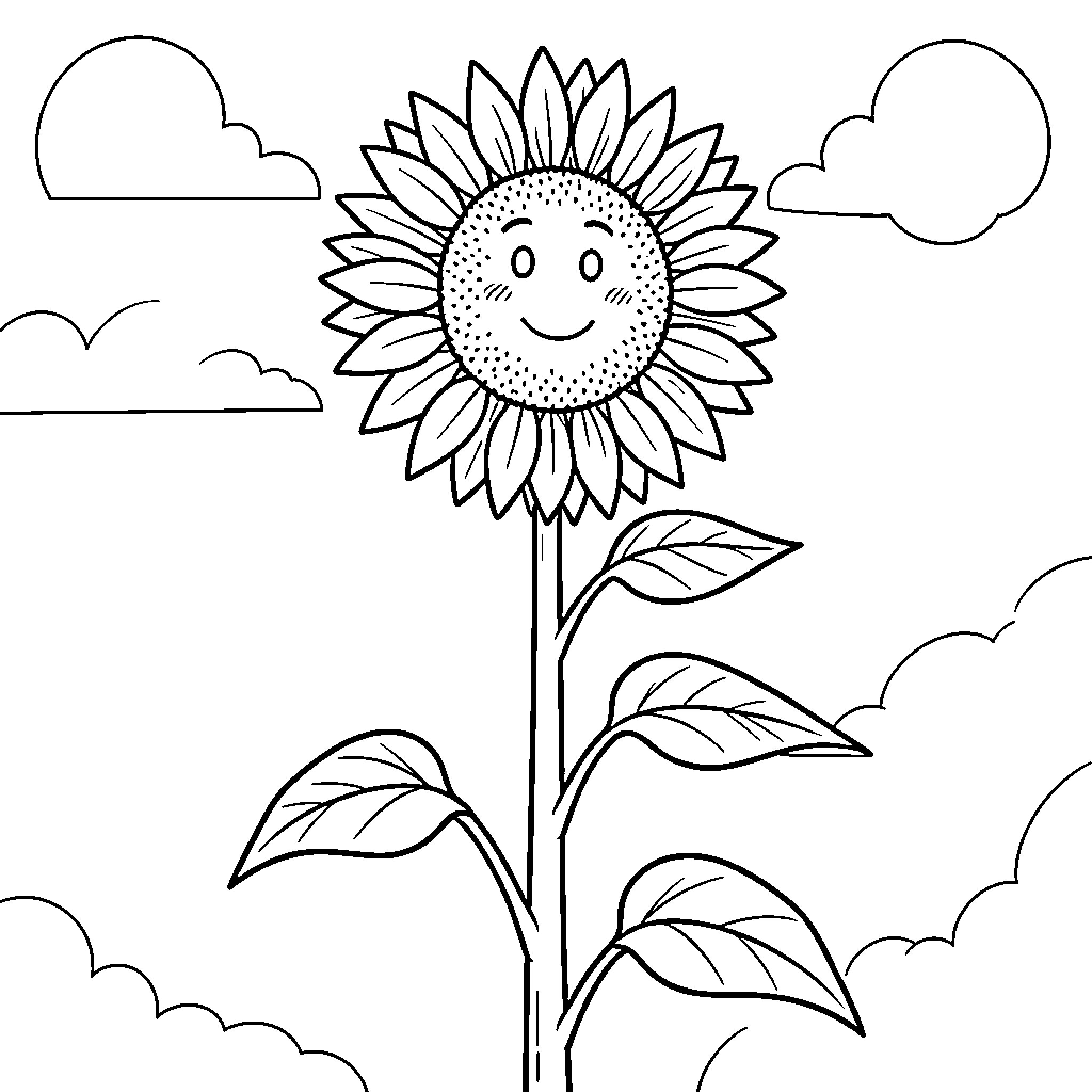 Sunflower smiling happily amidst the soft clouds Coloring Page (free black-and-white line drawing printable PDF for all, from beginners to advanced learners, including children, teens, adults, and seniors)