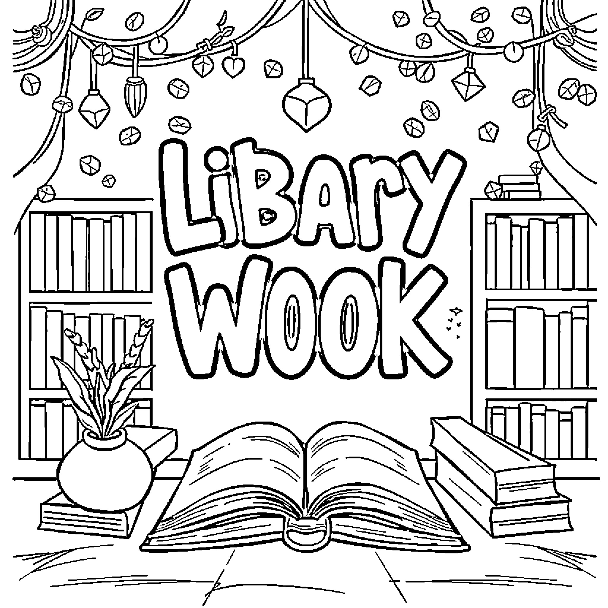 Book showcasing the Library Wook Coloring Page (free black-and-white line drawing printable PDF for all, from beginners to advanced learners, including children, teens, adults, and seniors)