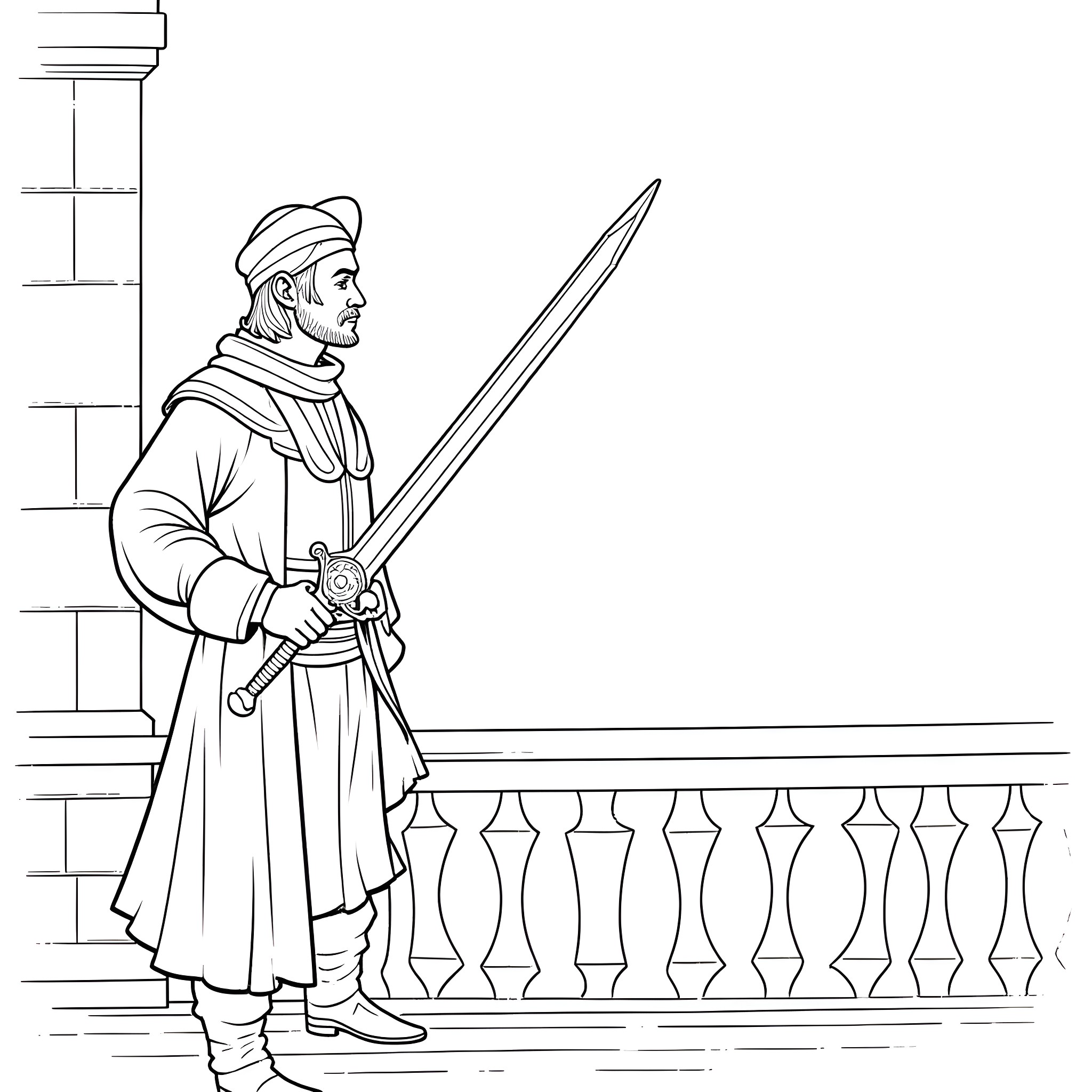 Swordsman in Regal Attire Wielding Blade on Balcony Coloring Page (free black-and-white line drawing printable PDF for all, from beginners to advanced learners, including children, teens, adults, and seniors)