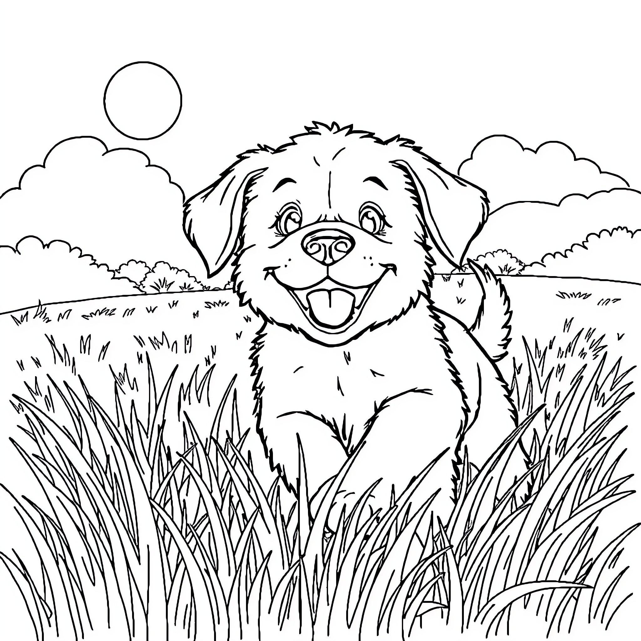 Puppy joyfully frolicking in the grassy meadow Coloring Page (free black-and-white line drawing printable PDF for all, from beginners to advanced learners, including children, teens, adults, and seniors)