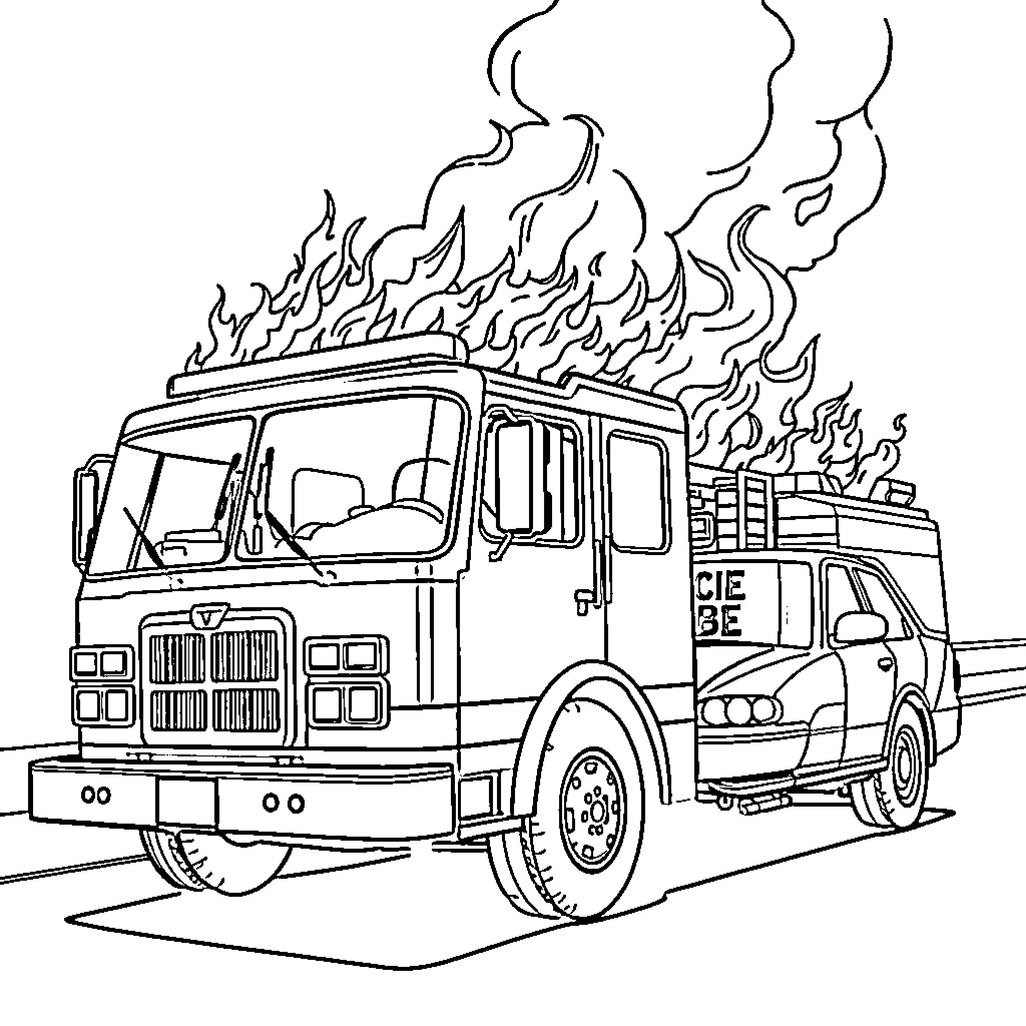 Fire Truck Rushing to Extinguish a Blaze Coloring Page (free black-and-white line drawing printable PDF for all, from beginners to advanced learners, including children, teens, adults, and seniors)