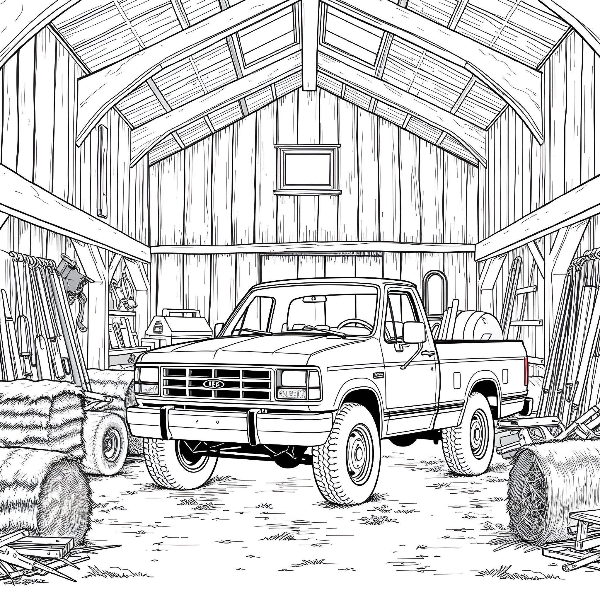Pickup truck in rustic barn Coloring Page (free black-and-white line drawing printable PDF for all, from beginners to advanced learners, including children, teens, adults, and seniors)