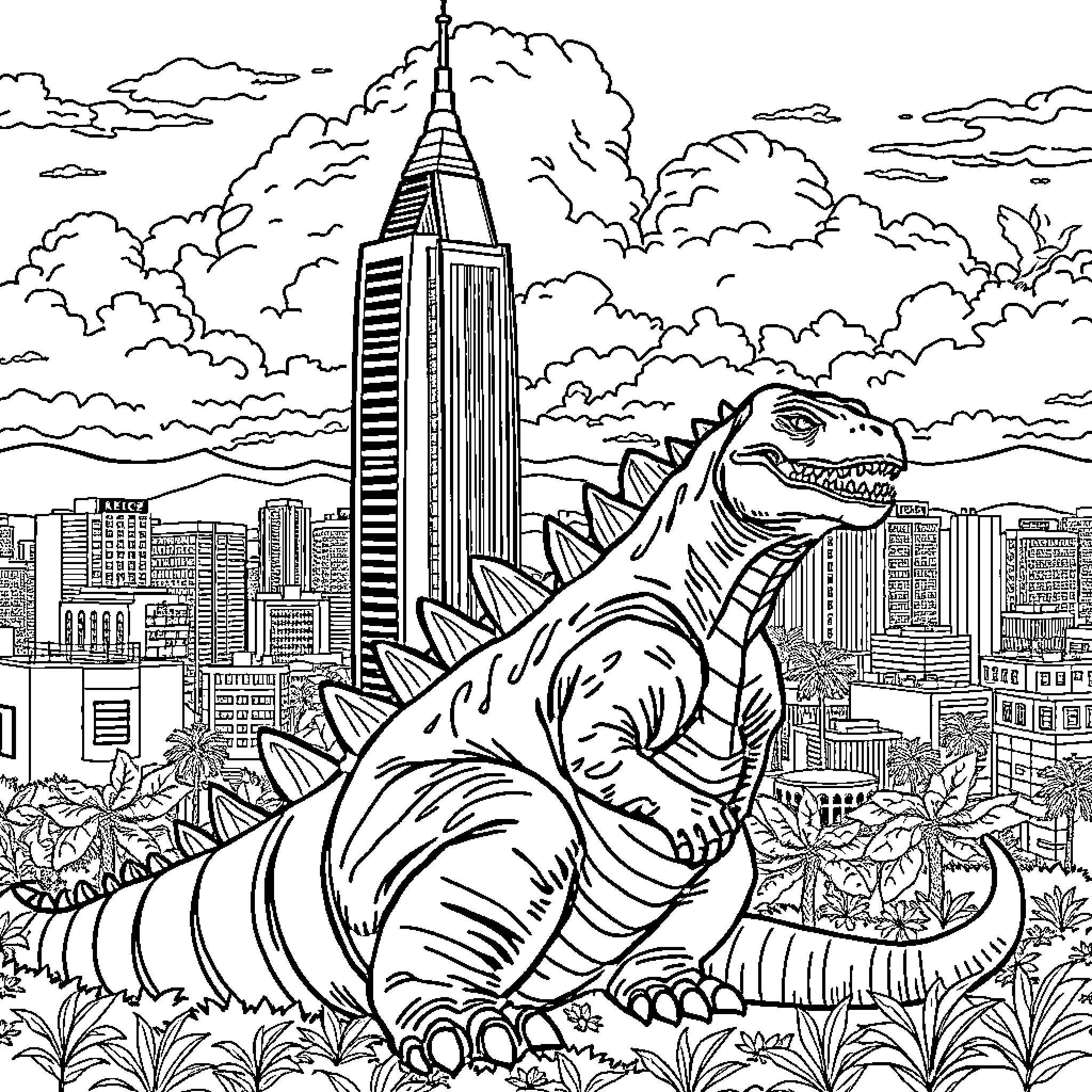 Godzilla Rampaging Through the City Skyline Coloring Page (free black-and-white line drawing printable PDF for all, from beginners to advanced learners, including children, teens, adults, and seniors)