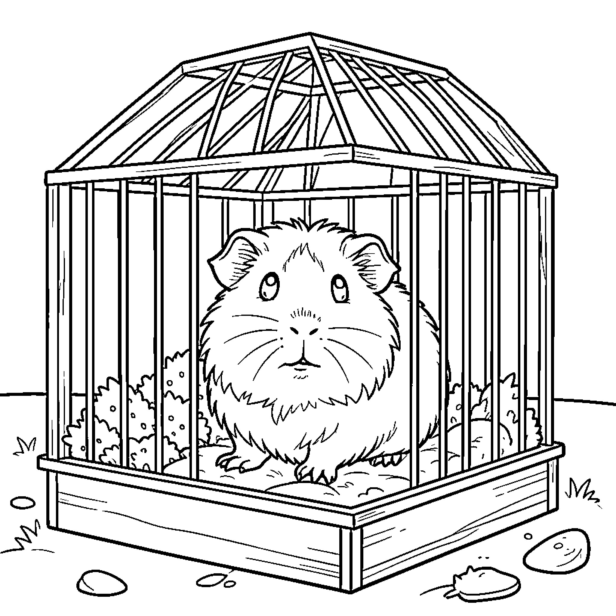 Guinea Pig trapped in a cage Coloring Page (free black-and-white line drawing printable PDF for all, from beginners to advanced learners, including children, teens, adults, and seniors)
