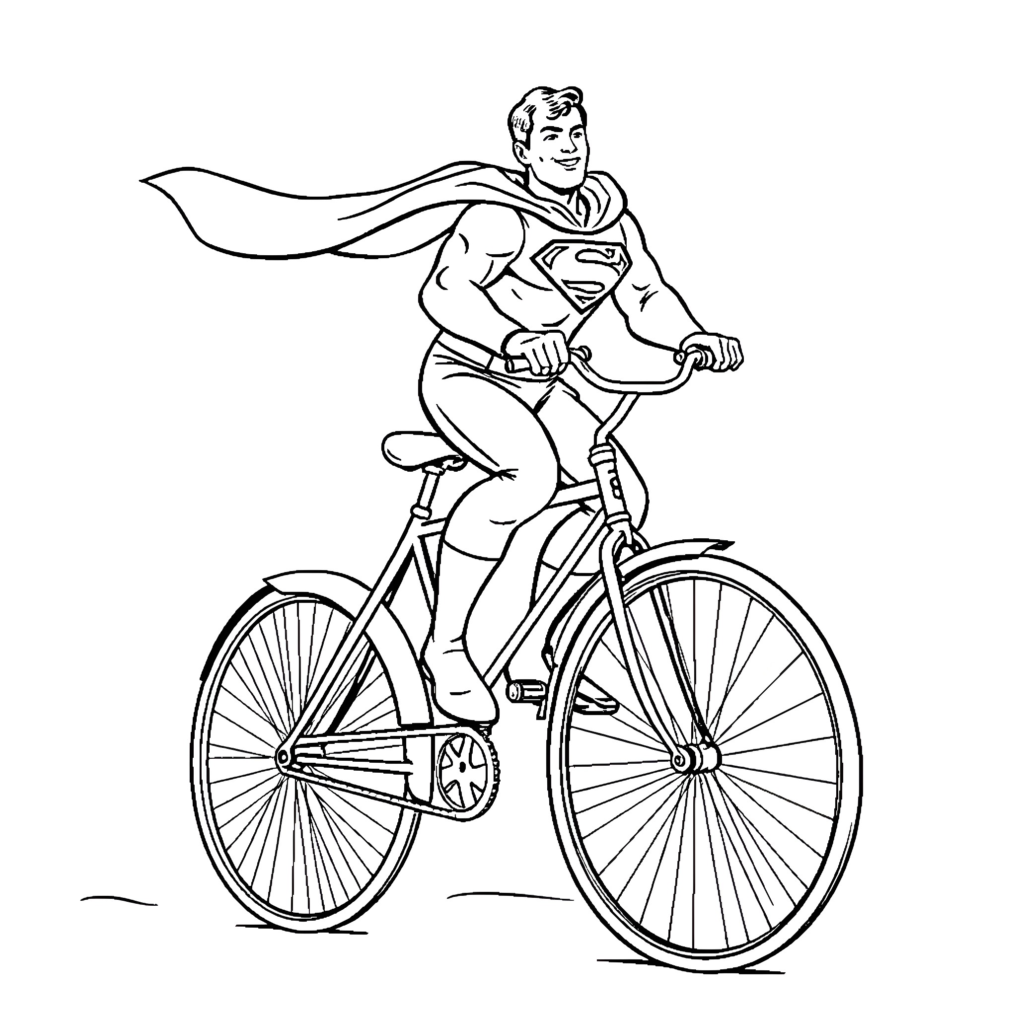 Superman riding a bicycle with a cape Coloring Page (free black-and-white line drawing printable PDF for all, from beginners to advanced learners, including children, teens, adults, and seniors)