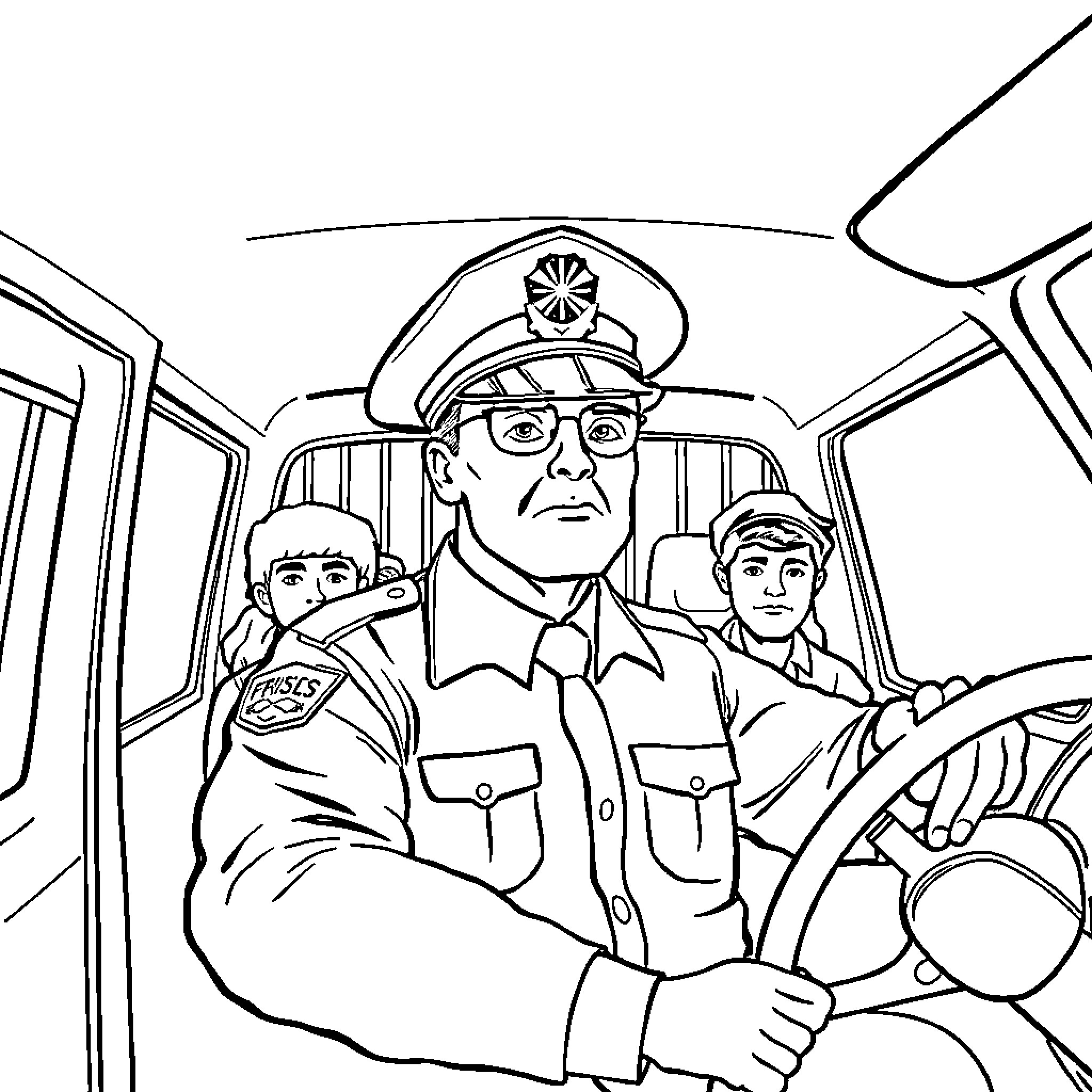 Prison Guard Overseeing Inmates in Vehicle Coloring Page (free black-and-white line drawing printable PDF for all, from beginners to advanced learners, including children, teens, adults, and seniors)